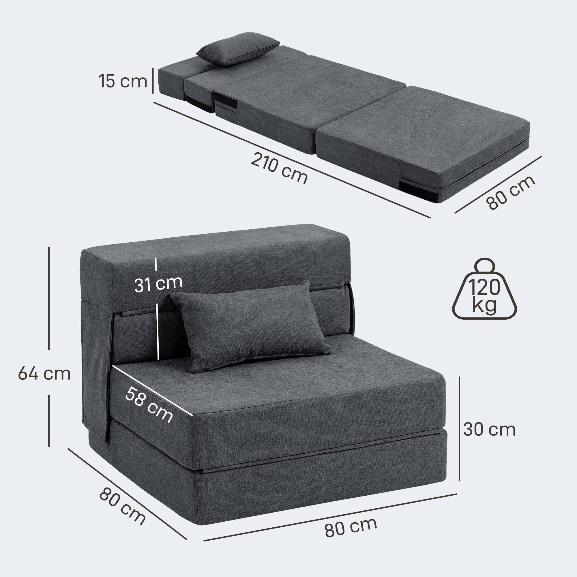 HOMCOM Bodensofa, Polstercouch, in Matratze umwandelbar, Schaumstoff, Kissen, Dunkelgrau