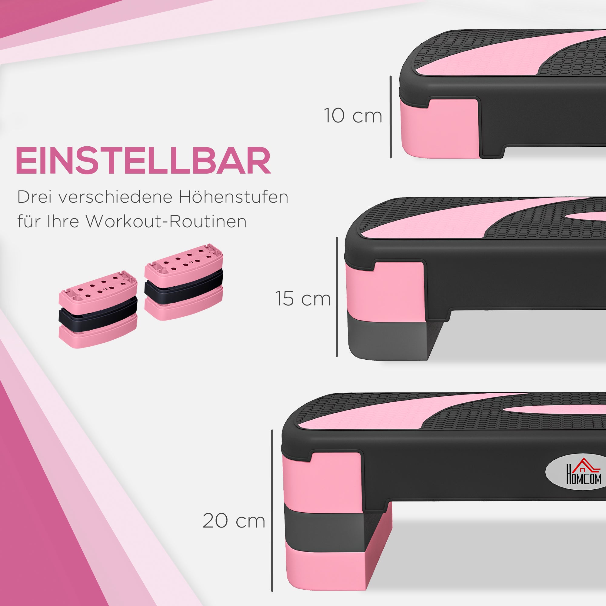 HOMCOM Aerobik-Stepper, höhenverstellbar, 80 x 31 x 10/15/20 cm, bis 150 kg, Schwarz/Rosa/Grau