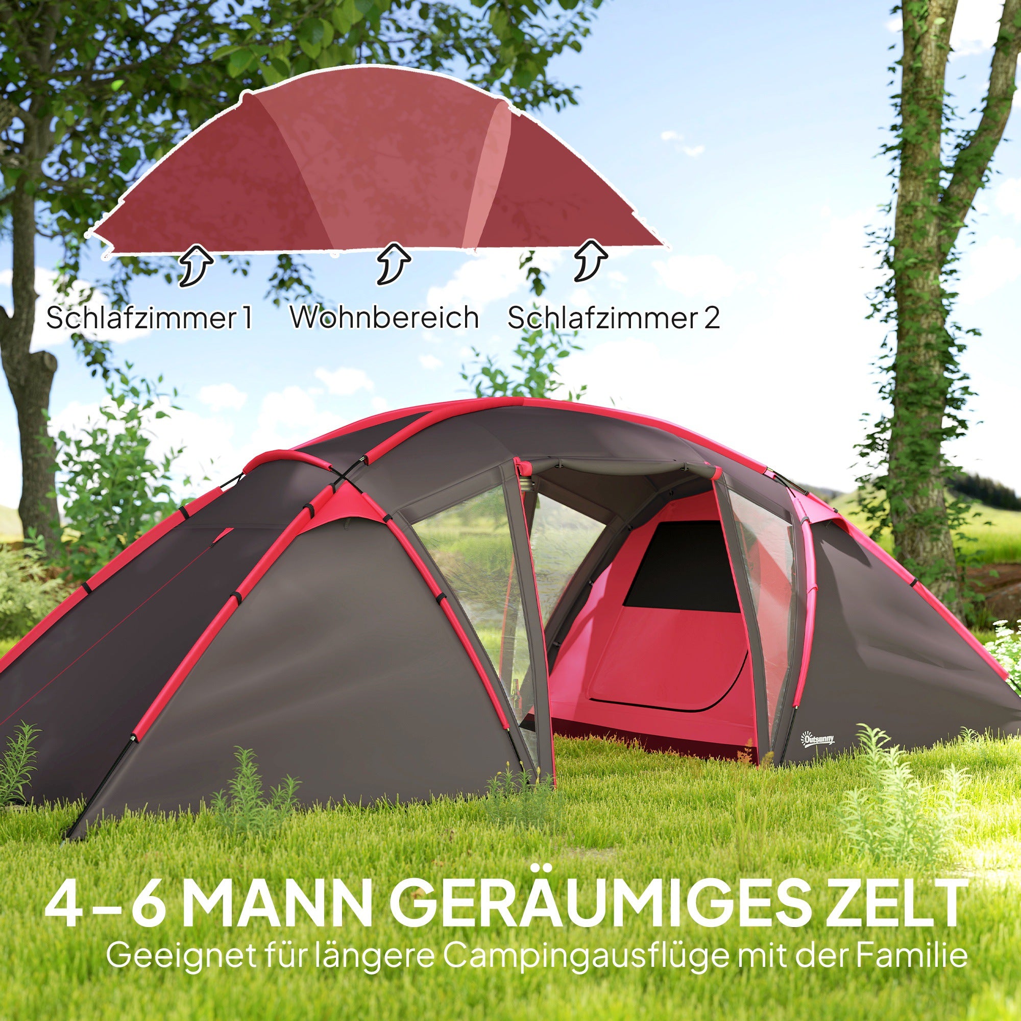 Outsunny Tunnelzelt, Campingzelt für 4-6 Personen, mit 3 Räumen, Lichthaken Doppeltüren Grau