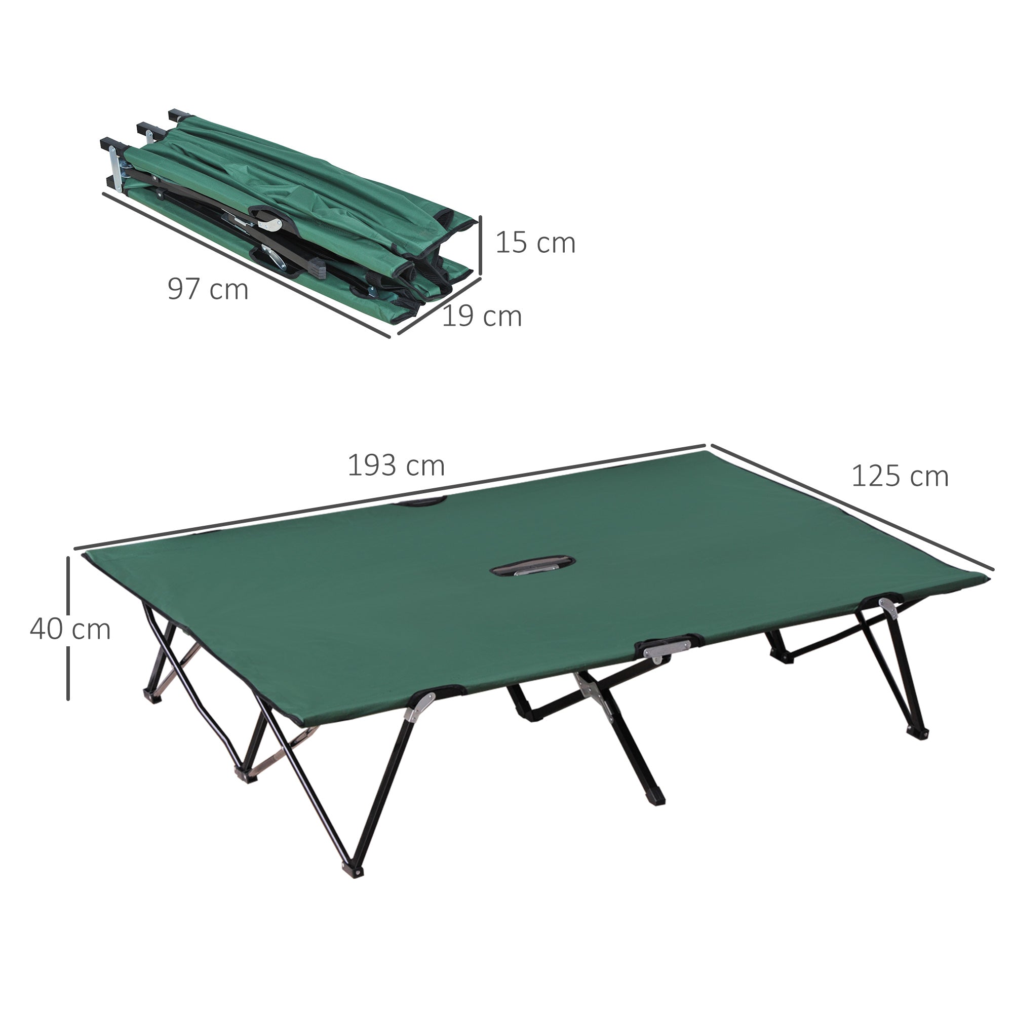 Outsunny Campingbett Klappbar für 2 Personen Feldbett Klappbett mit Tragetasche bis 136 kg belastbar Stahl Oxford Grün+Schwarz 193 x 125 x 40 cm