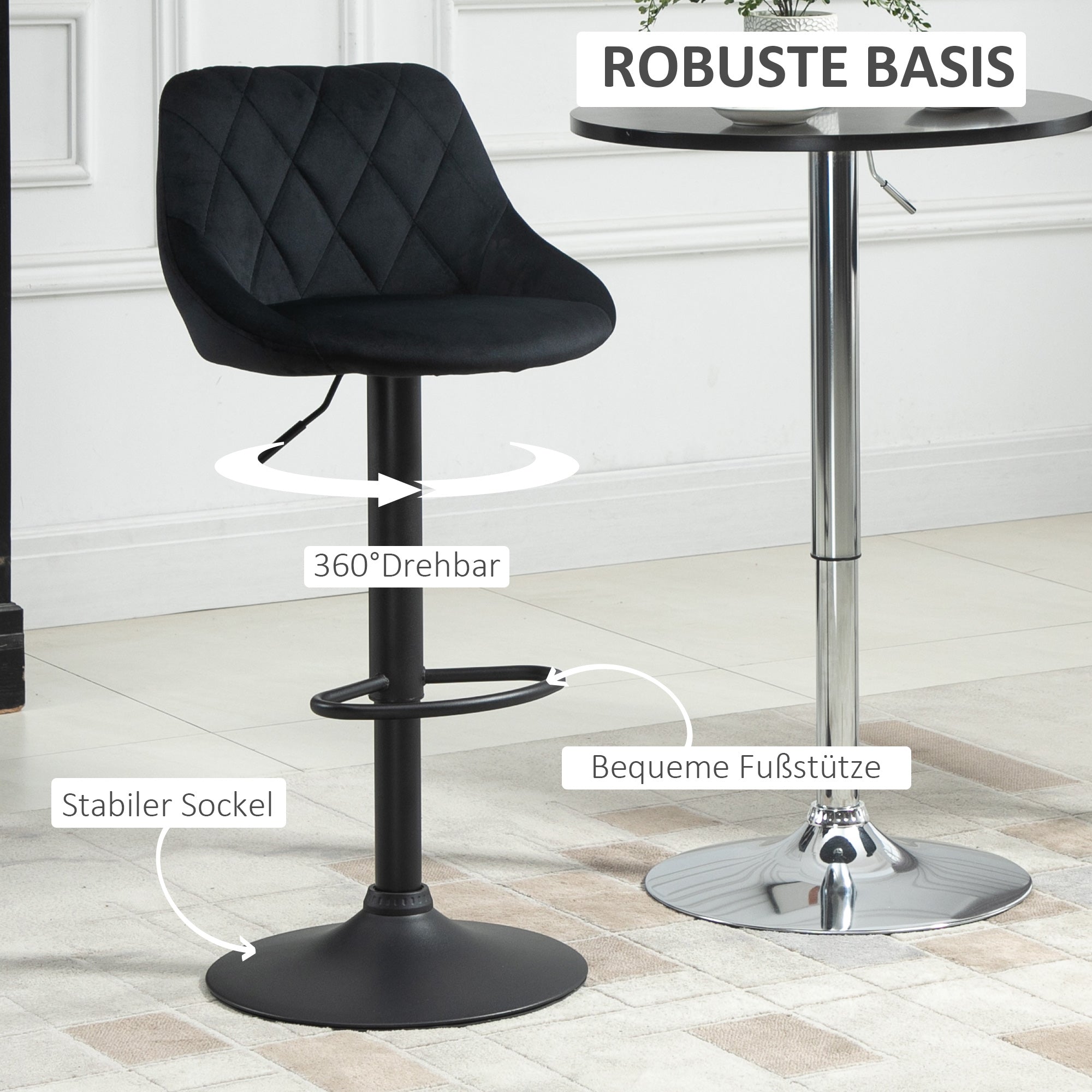 HOMCOM Barhocker 2er-Set Barstuhl mit Lehne, Samt-Optik, Stahlgestell, Höhenverstellbare Küchenstühle mit Fußstütze Drehbar Tresenhocker, Schwarz