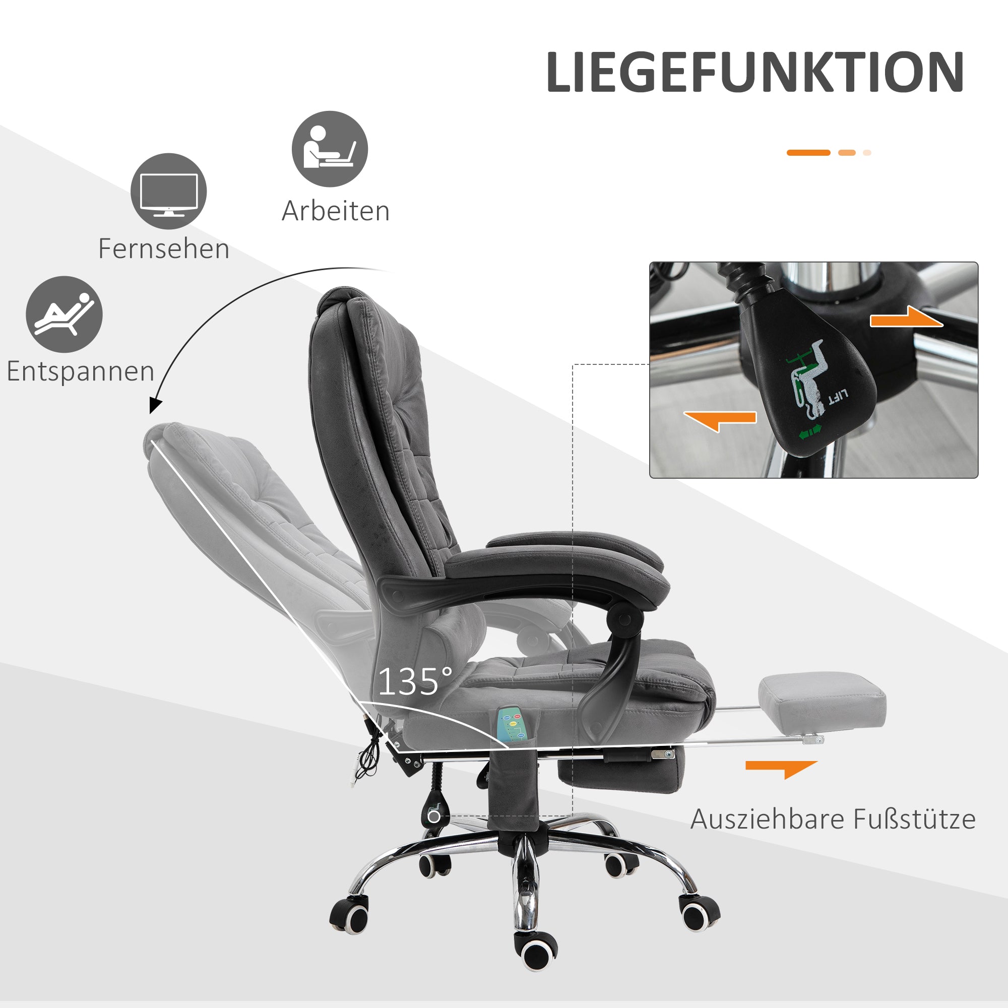 Vinsetto Bürostuhl mit Massagefunktion, ergonomisch, 65x160x104cm, Grau