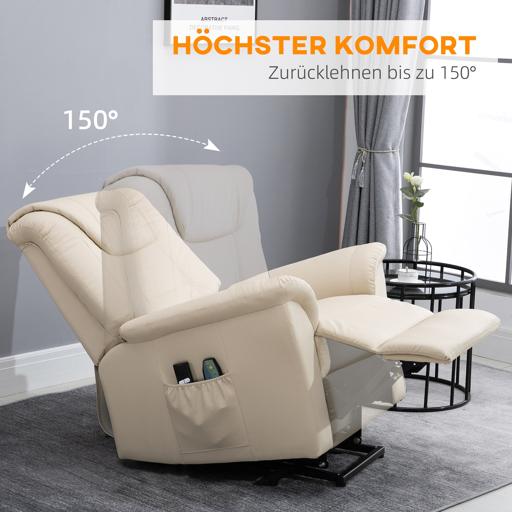 HOMCOM Massagestuhl mit Aufstehhilfe, 8 Vibrationspunkte, Heizfunktion, Fußstütze, Creme