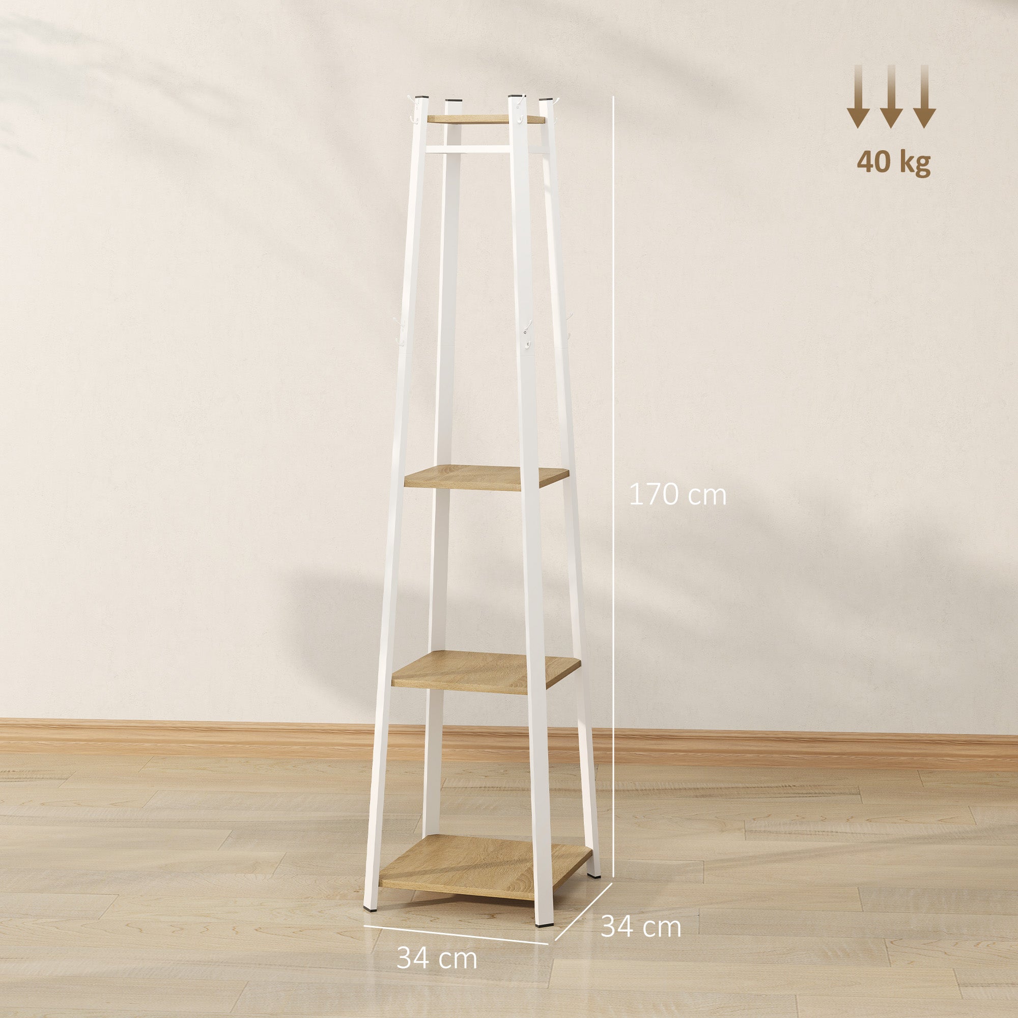 HOMCOM Kleiderständer, Trapez-Design, dreistufig, 8 Doppelhaken, Stahll, Weiß+Eiche