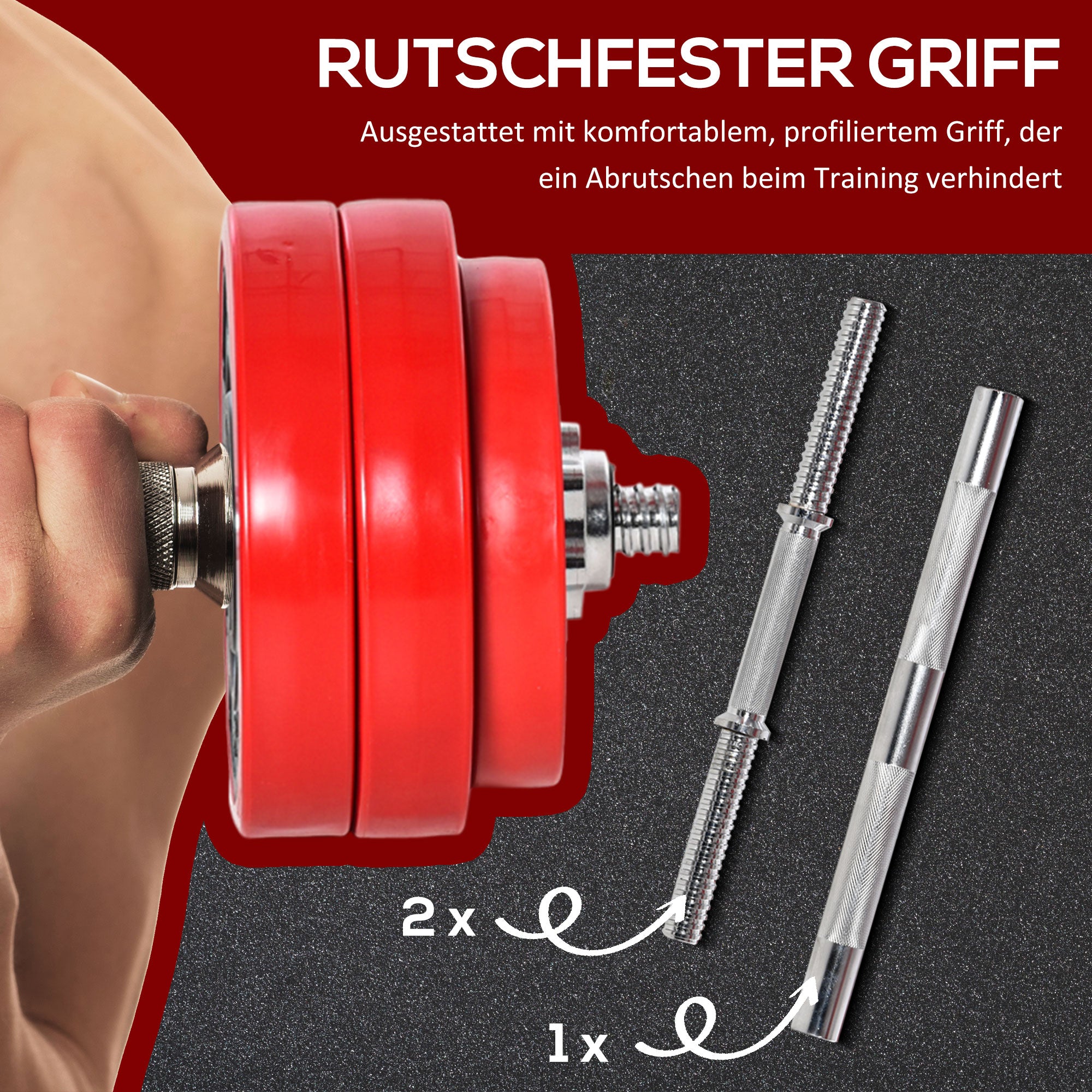 HOMCOM Hantelset 20/30KGS 2-IN-1 Hanteln&Langhanteln verstellbar Gewichtheben für Zuhause Fitness Muskel Stahl PP-Kunsstoff Eisen Sand Rot+Schwarz 21,5 x 21,5 x 3,8 cm