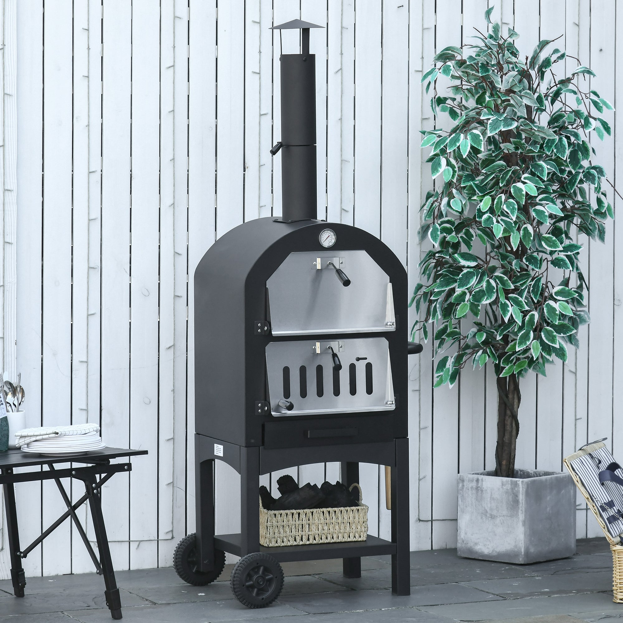 Outsunny 2-In-1 Pizzaofen Outdoor mit Rollen Grillofen mit Schutzhülle Pizzaschaufel 2 Grillnetzen Grillwagen mit Schornstein 3-Tier Holzbackofen für BBQ Stahl Schwarz+Silber 63 x 54 x 161 cm
