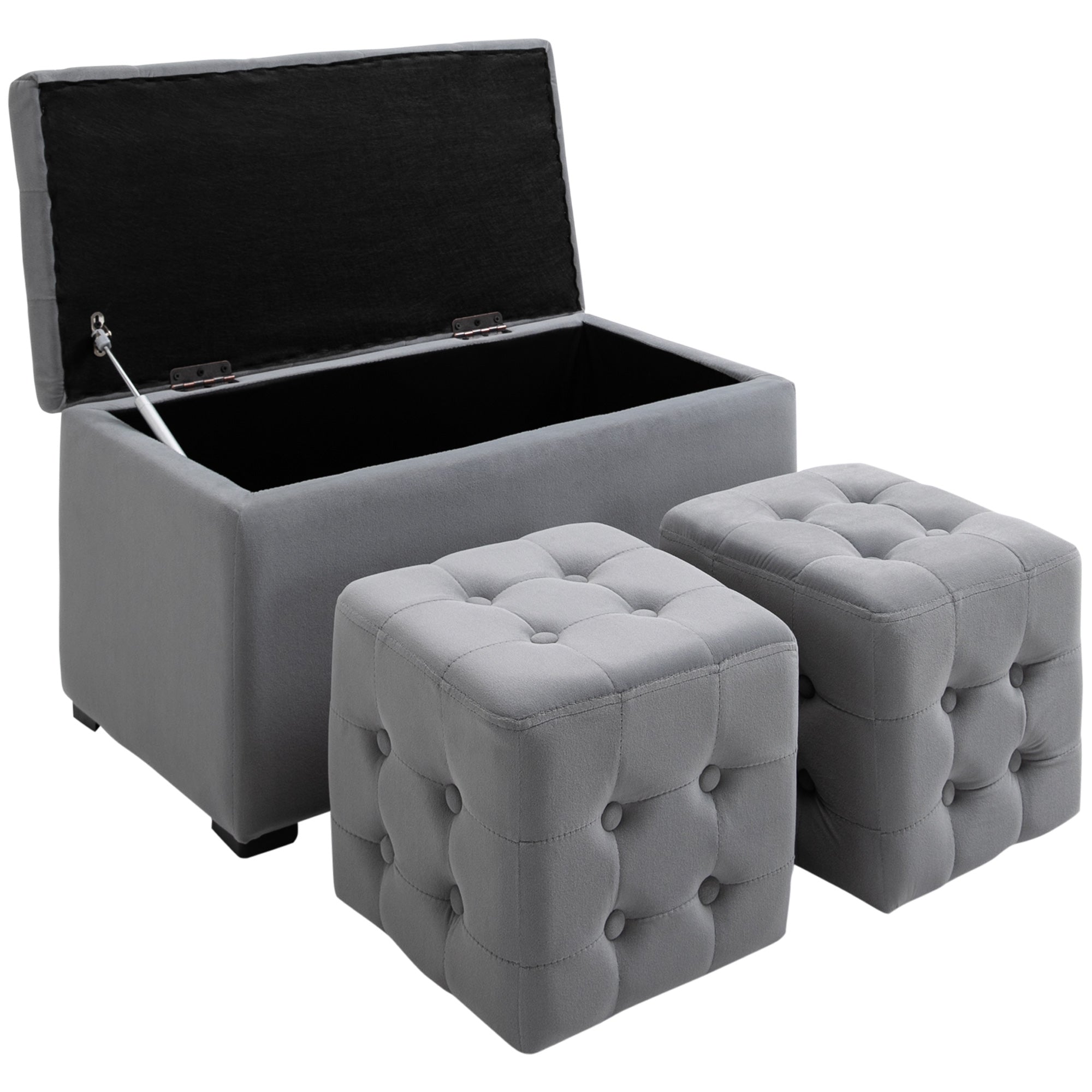 HOMCOM 3-teiliges Set mit Stauraum, 2 x Sitzhocker, Polster-Sitztruhe, Fußhocker, Aufbewahrungsbox, Fußablage, belastbar bis 130 kg, Mikrofaserstoff, Schaumstoff, 75 x 40 x 42 cm, Hellgrau