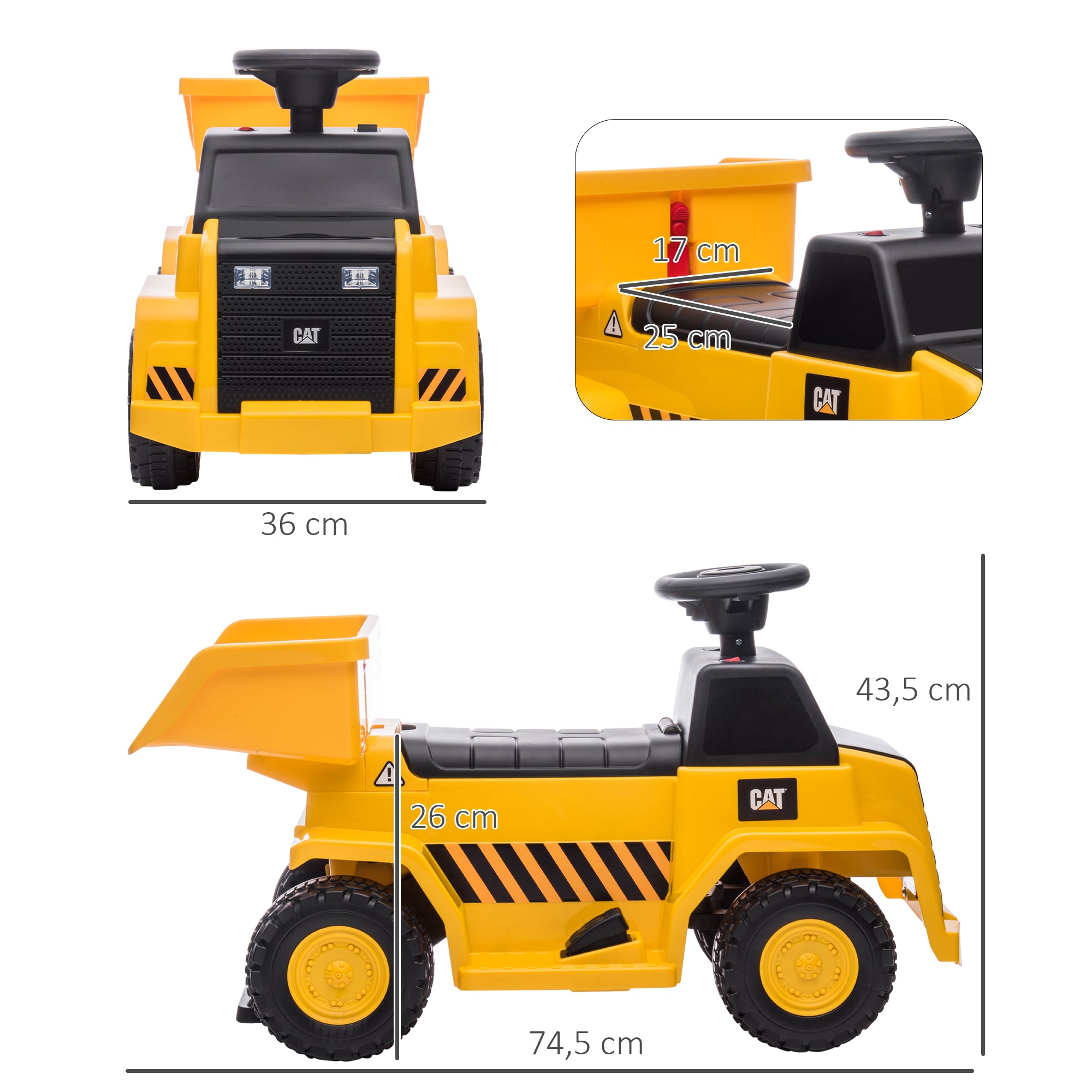 HOMCOM Elektro-Kipplaster für Kinder, kippbare Ladefläche, max. 3 km/h, Scheinwerfer, Hupe, gelb, 74,5 x 36 x 43,5 cm