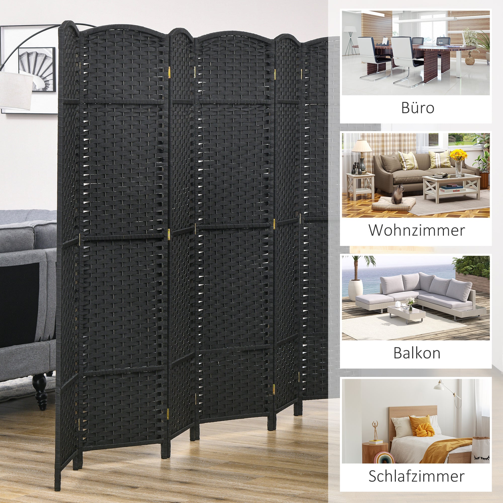 HOMCOM 6-teiliger Raumtrenner, Faltbarer Sichtschutz, Sichtschutzwand für Wohnzimmer, Schlafzimmer, Homeoffice, Schwarz