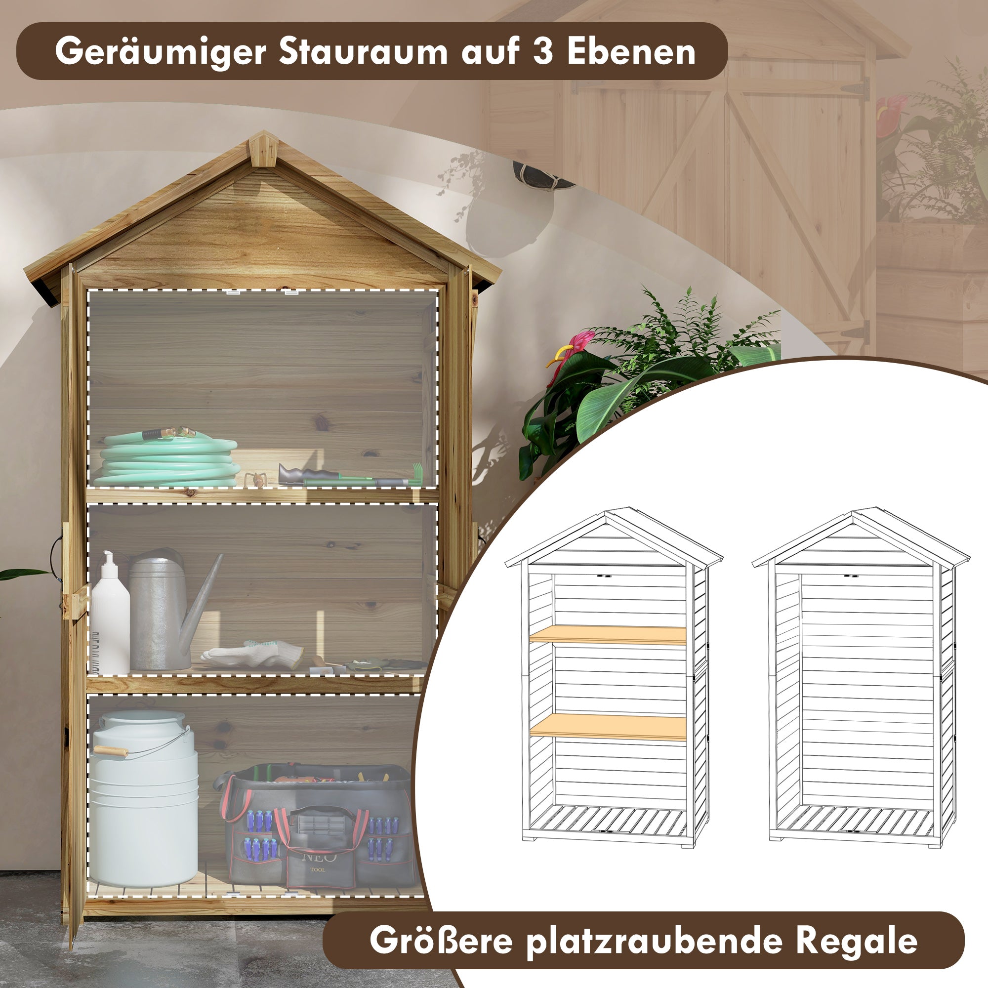 Outsunny Gartenhaus Gartenschuppen Gartenschrank, wetterbeständig, vintage Design, 102 cm x 54 cm x 177 cm, Natur