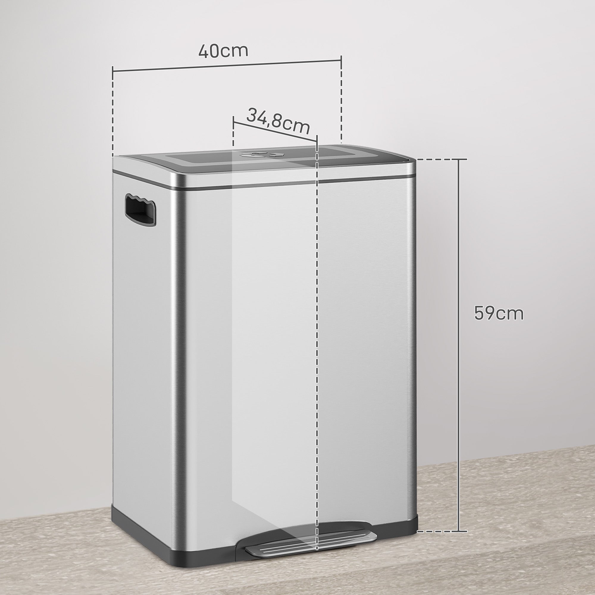 HOMCOM Mülleimer, Abfalleimer mit Deckel und Fußpedal, Edelstahl, 2x 20 Liter-Fächer, Silber
