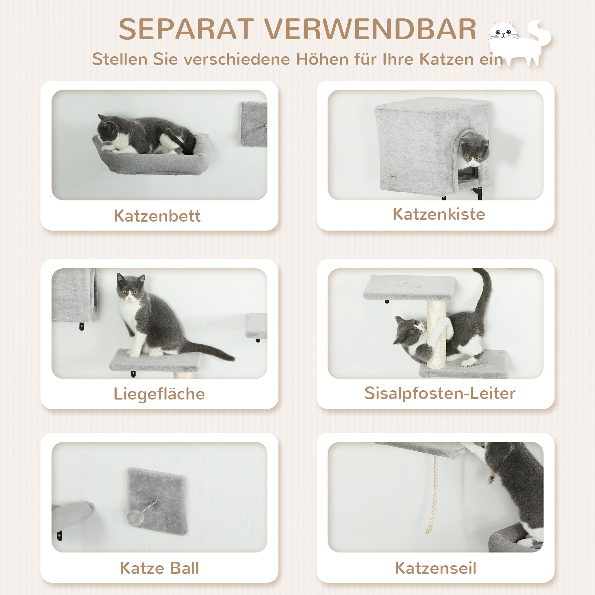 PawHut Kletterwand Katzen 7-teilig Katzen Kletterwand Set mit Katzenhaus, Plattform, Plattform Grau