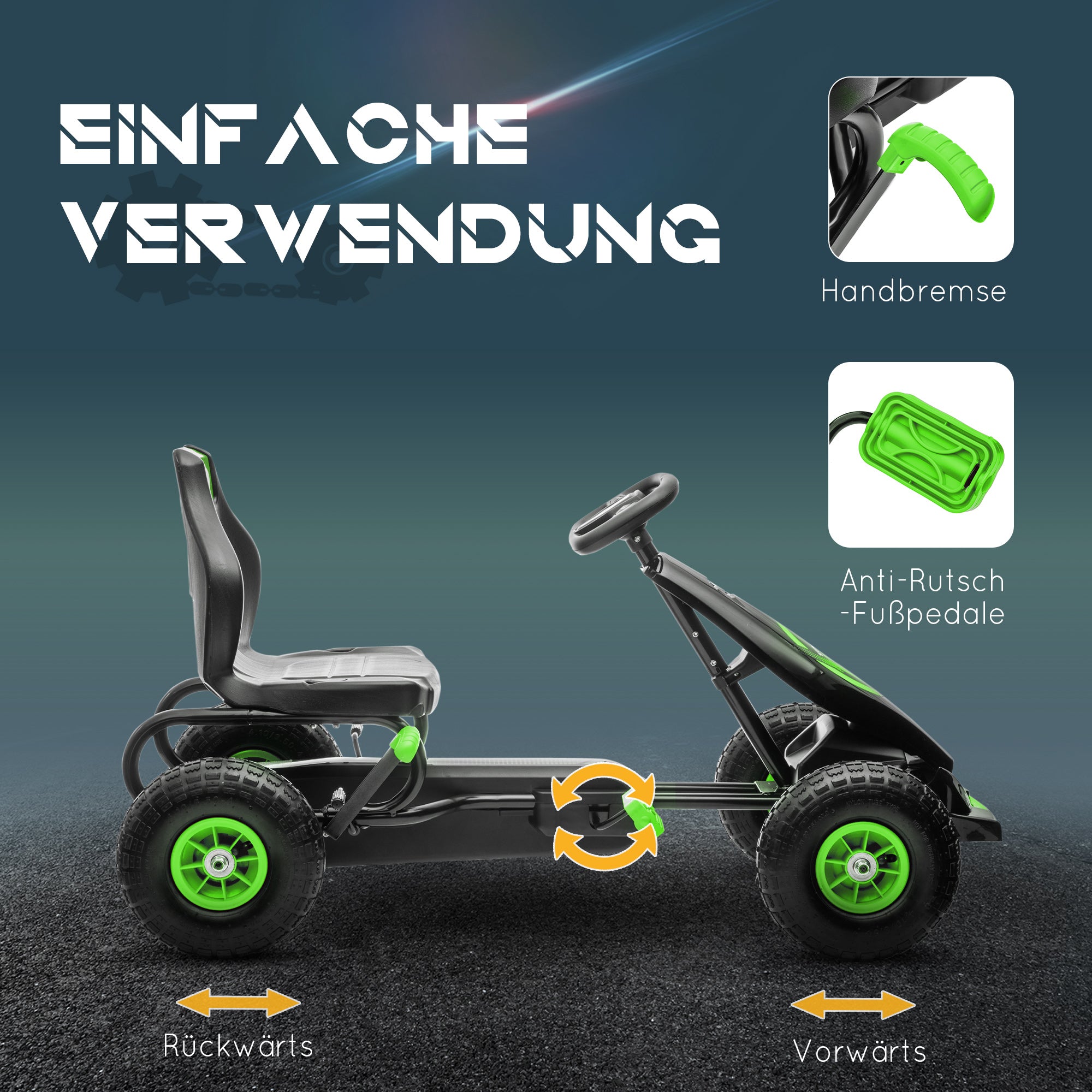 HOMCOM Kinder-Gokart, mit Pedalen, verstellbarem Sitz, In- und Outdoor, ab 5 Jahren, Grün+Schwarz, 121 x 58 x 61 cm