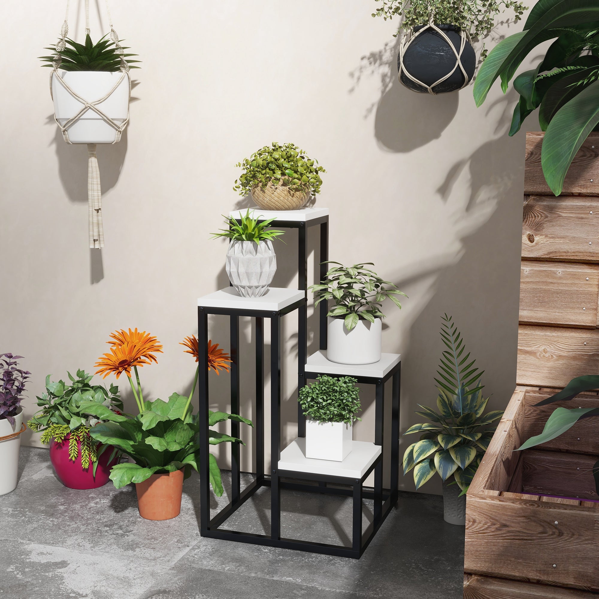 Outsunny Blumenregal, 4 Etagen, Indoor & Outdoor, Metallrahmen, 34L x 34B x 70H cm, Schwarz+Weiß