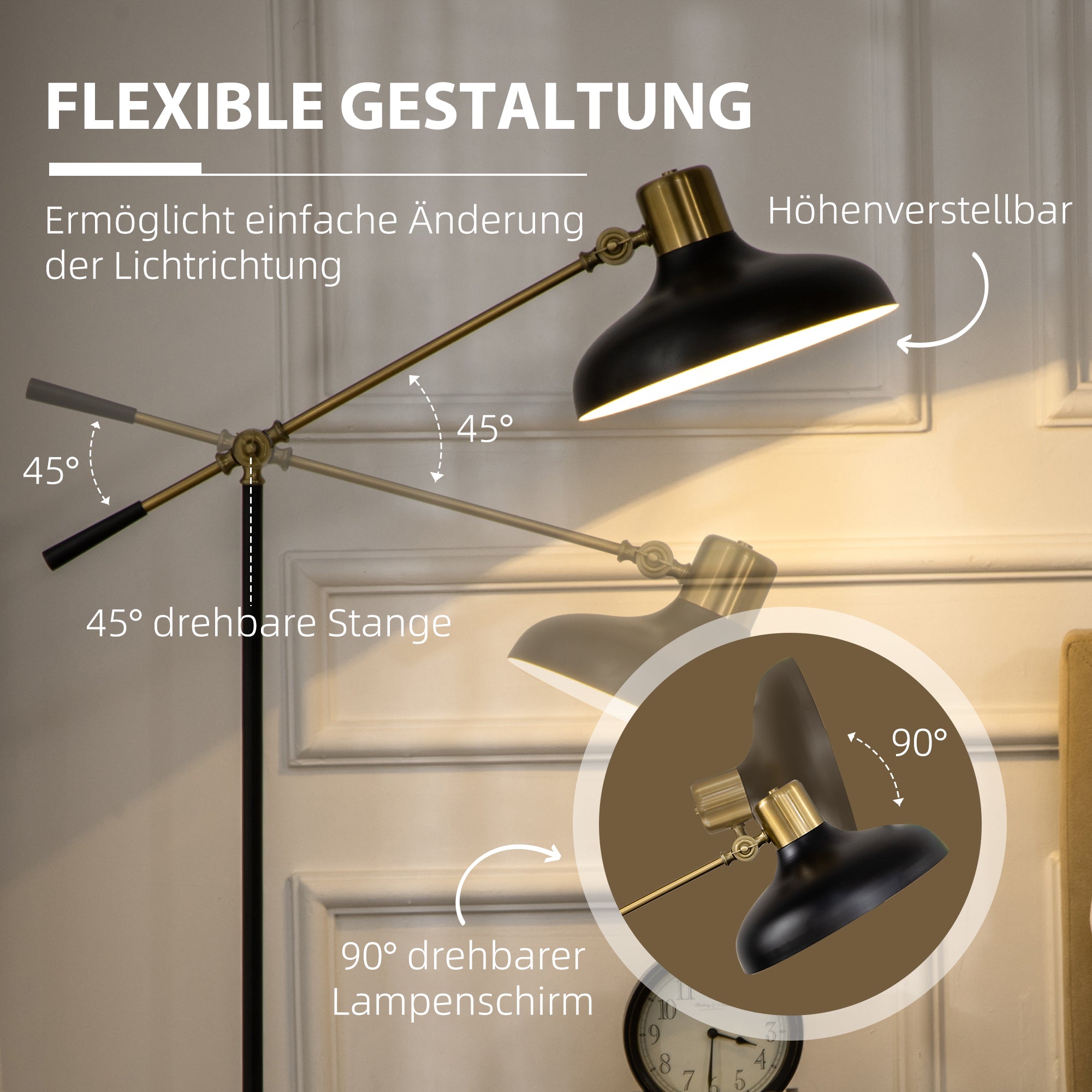 HOMCOM Stehlampe im Industriedesign, Stehlampe, Emaille, flexibles Gestell, Fußschalter, Schwarz + Gold