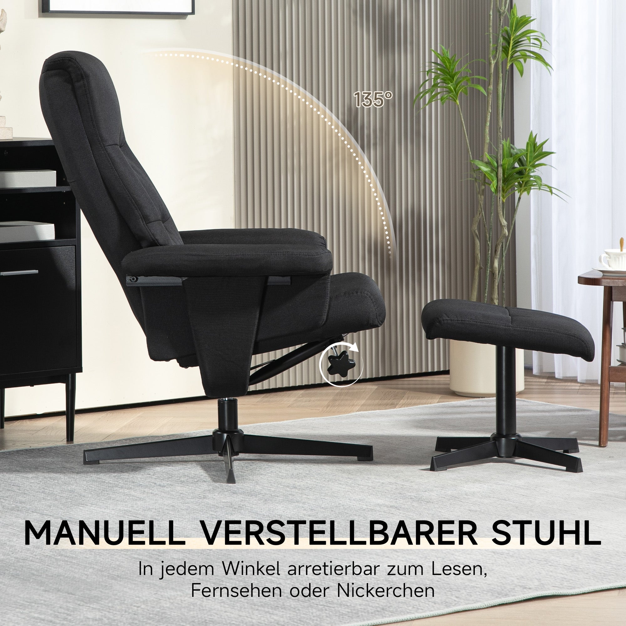 HOMCOM Liegesessel mit Hocker, drehbar, Wippfunktion, Samtoptik, bis 150 kg, Schwarz