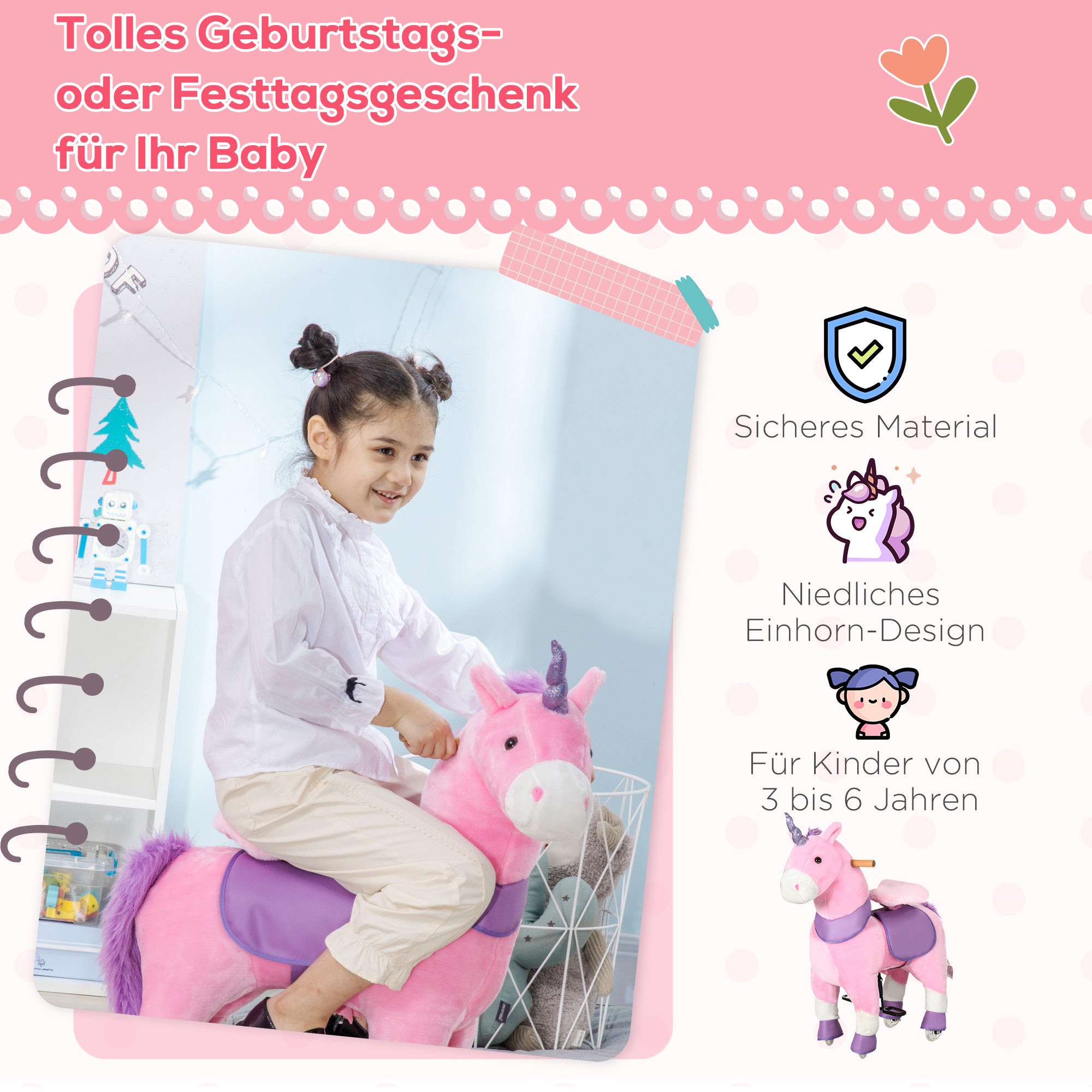 HOMCOM Schaukelpferd Einhorn, 4 Rollen, 2 Pedale, gepolsterter Sattel, 70 cm x 32 cm x 87 cm; Pink + Lila + Weiß