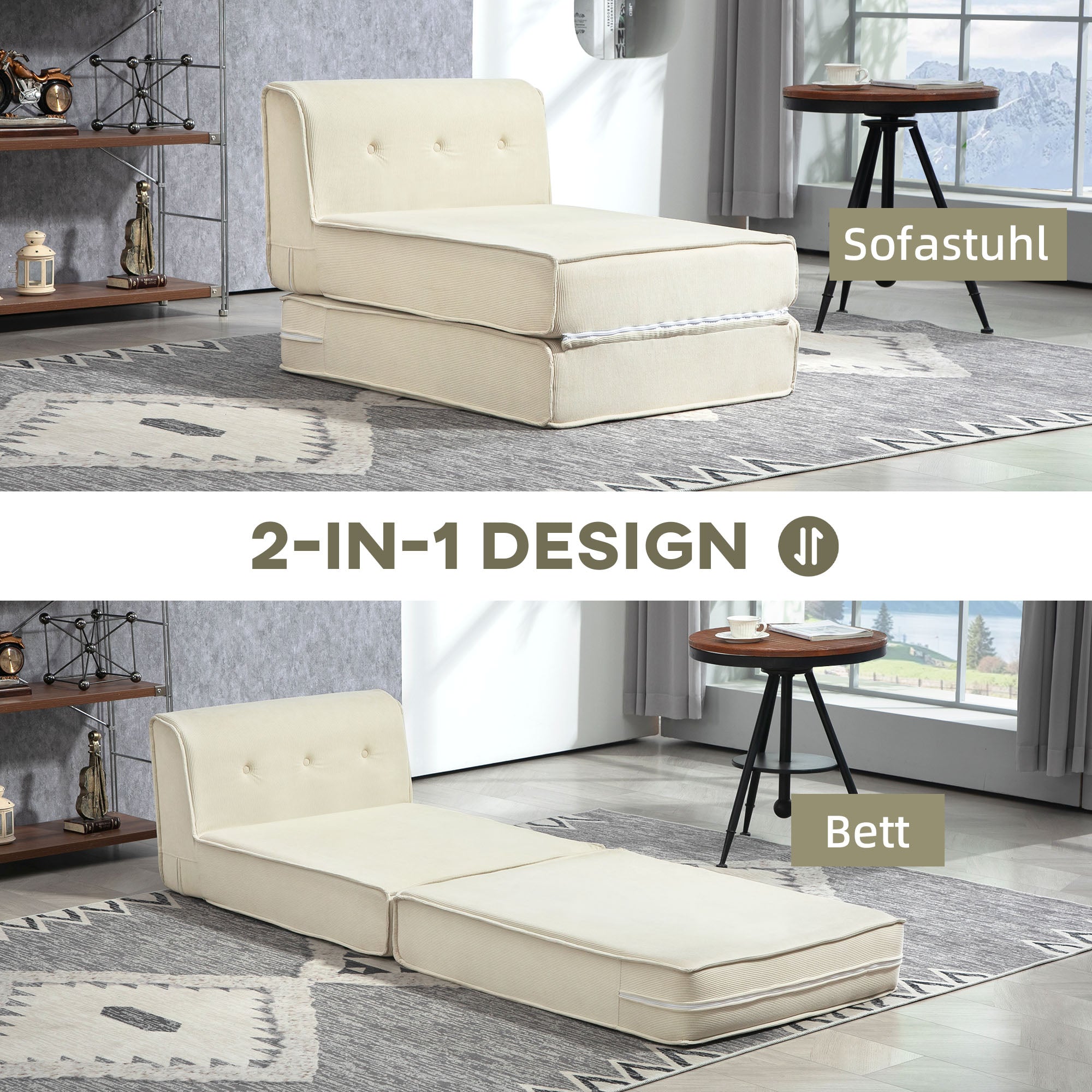 HOMCOM Bodensofa, faltbare Gästematratze, leicht, Cordbezug, 73x100x65 cm, Cremeweiß