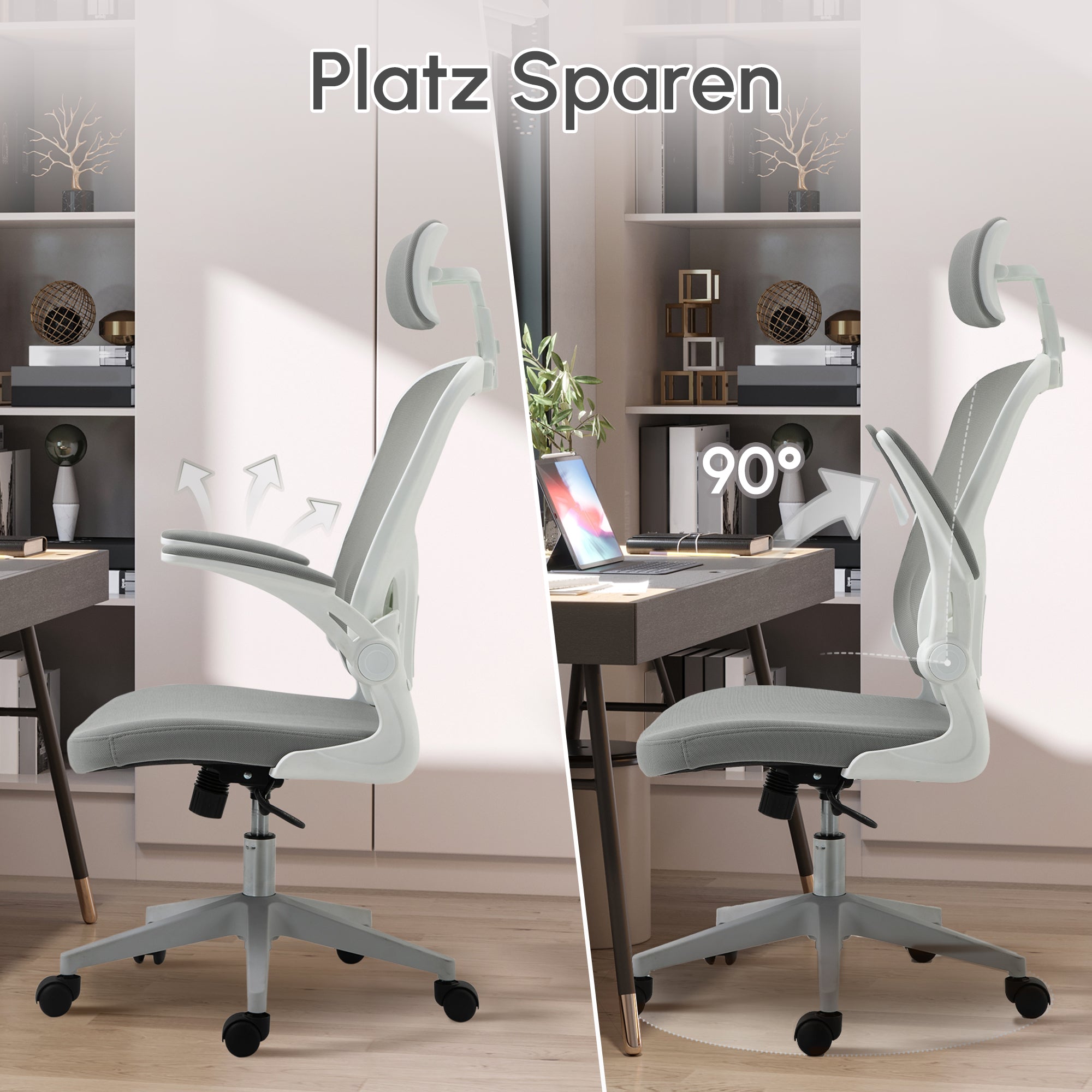 Vinsetto Bürostuhl ergonomischer Shreibtischstuhl mit Wippfunktion hoher Rückenlehne Lendenwirbelstütze Kopfstütze hochklappbarem Arm Home-Office Grau 65 x 64 x 114-122 cm