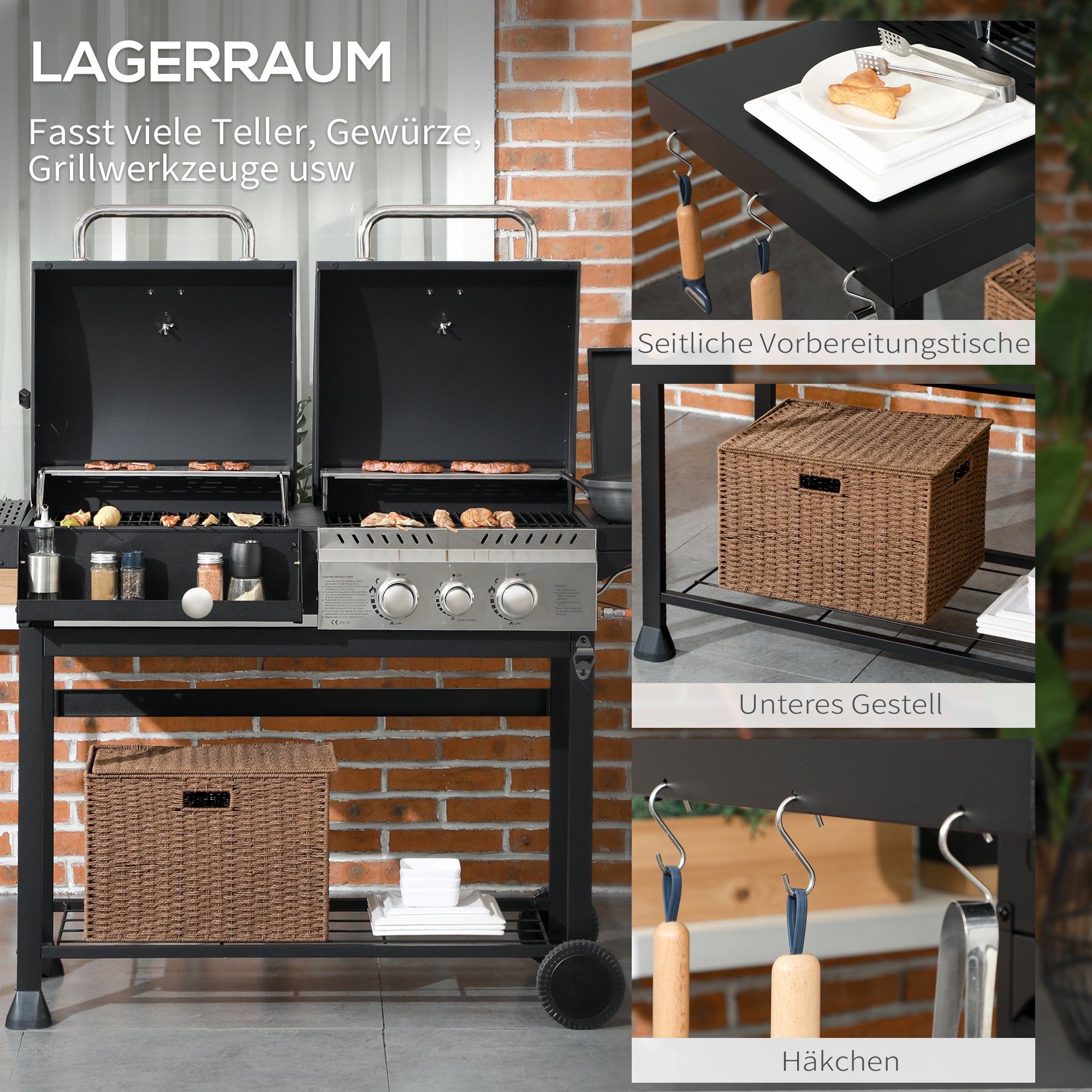 Outsunny Gasgrill BBQ-Grill, inkl. Thermometer, Warmhalteplatten, 161 x 53 x 101 cm, Schwarz + Silber