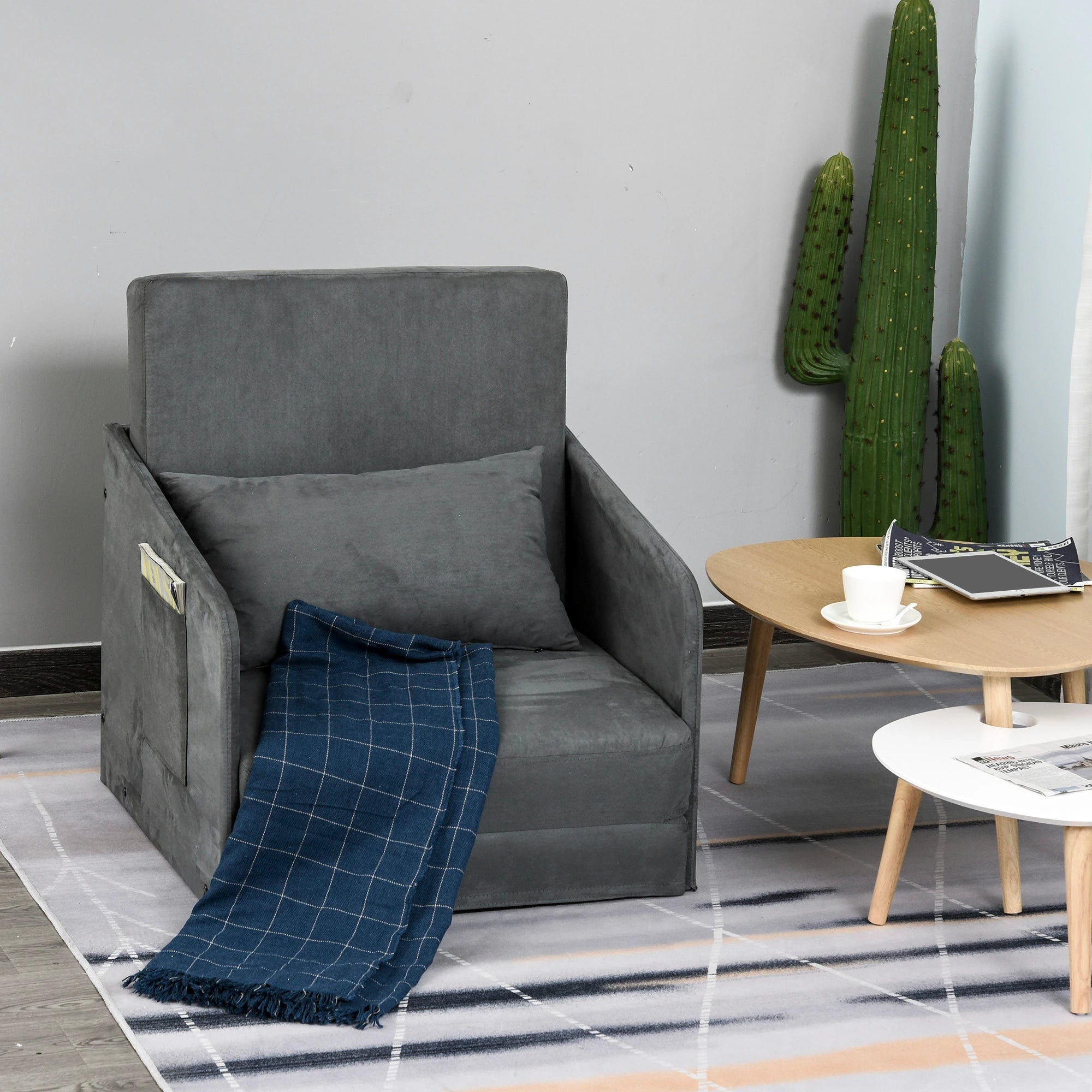HOMCOM Schlafsofa Sofabett Einzelsofa Waschbarer Bezug 2 Seitentaschen Kissen Metall Grau 70 x 76 x 77 cm