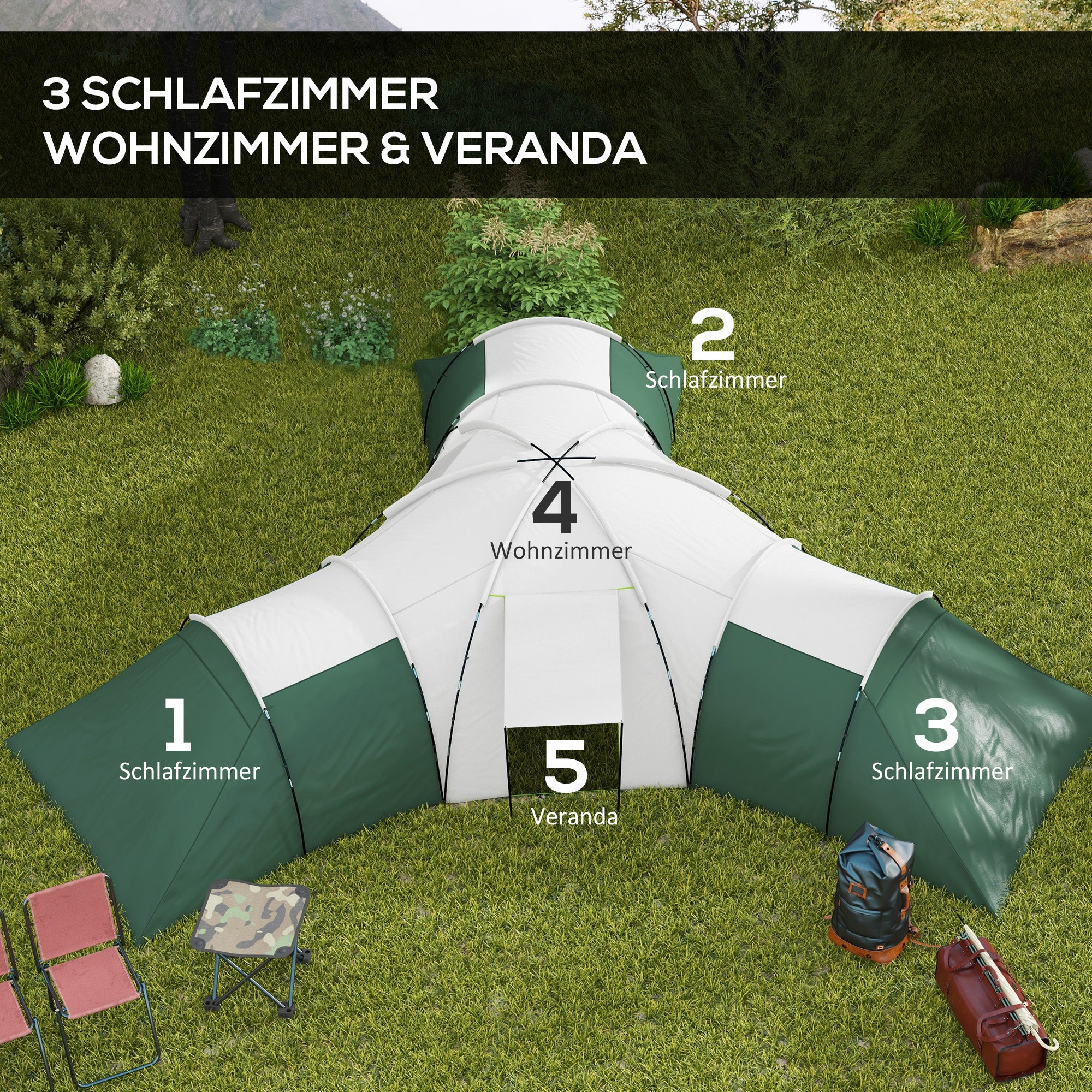 Outsunny Campingzelt für 6-9 Personen, 4 Räume, Vorzelt, wasserdicht, 615x 615x225cm, Grün