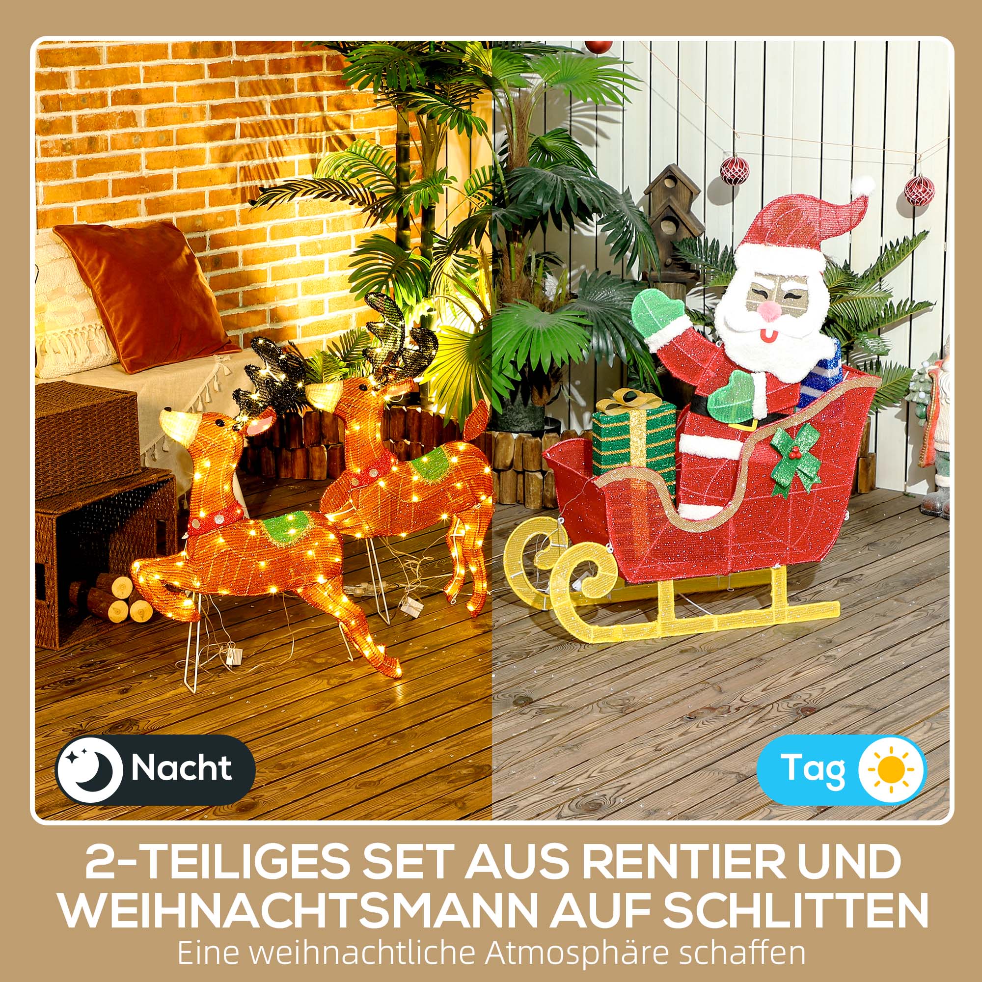 Outsunny Leuchtende Weihnachts-Dekoration, Weihnachtsmann auf Schlitten mit Rentieren, 246 LED-Lichter, Bodenspieße, Mehrfarbig
