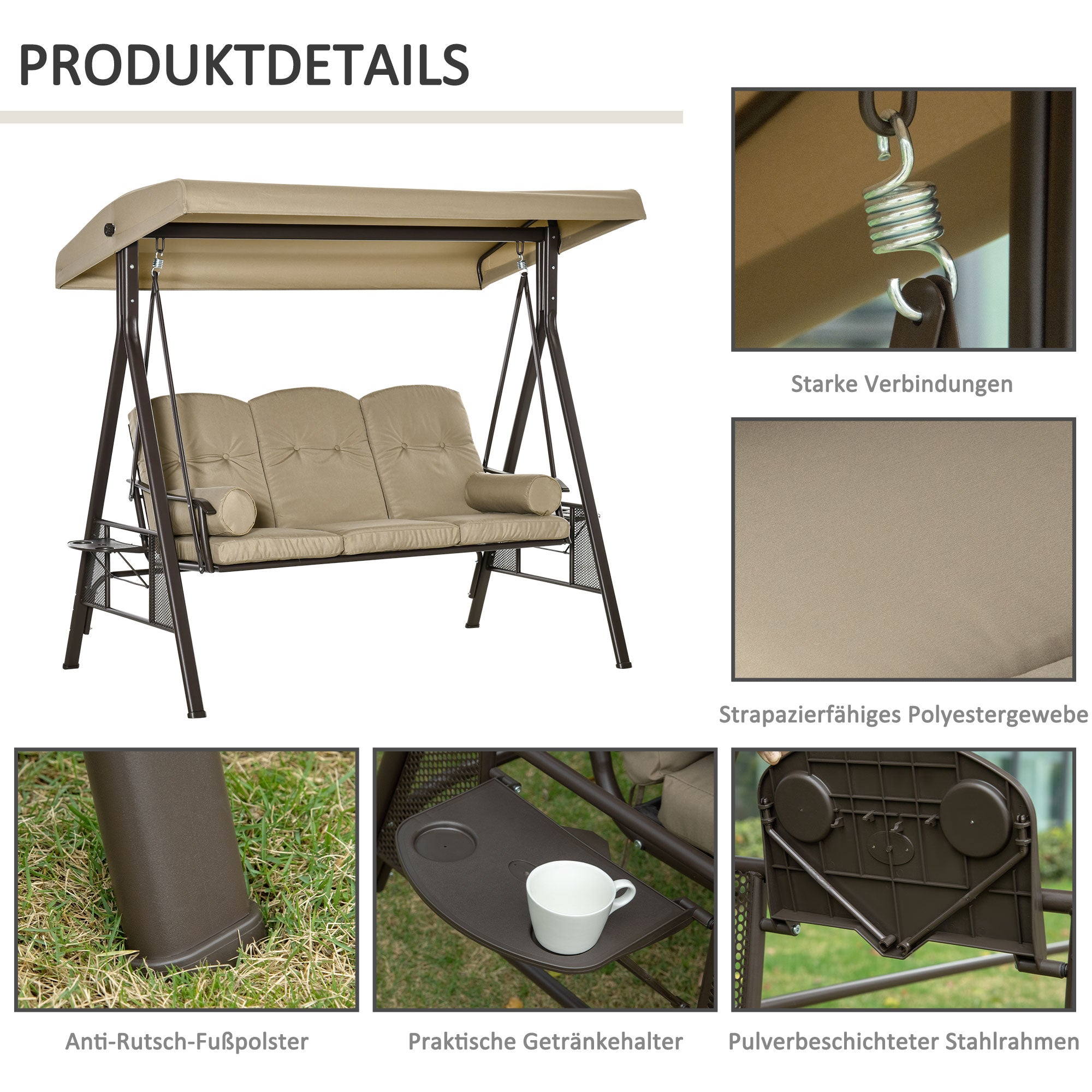 Outsunny 3-Sitzer Hollywoodschaukel Gartenschaukel mit Sonnendach Kissen Metall Polyester Khaki 116 x 206 x 183 cm