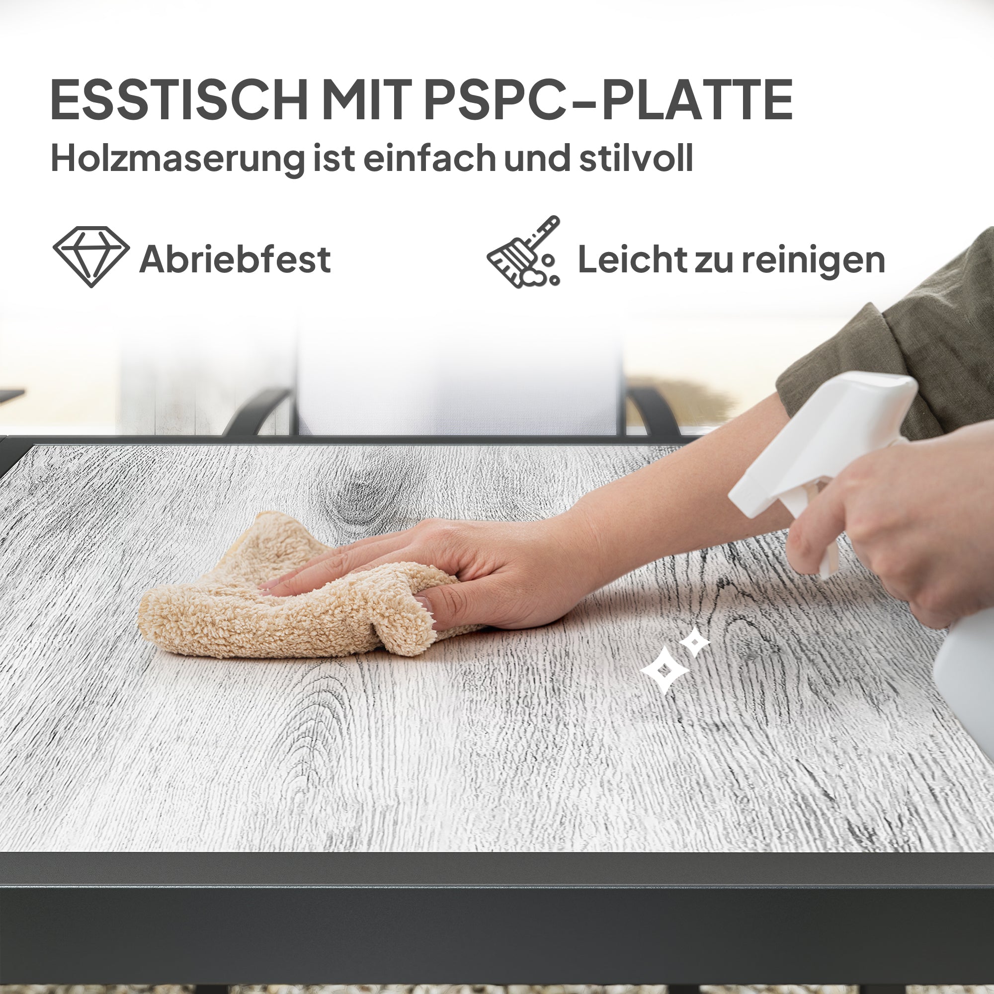 Outsunny 7-teiliges Ess-Set, 6 Stühle, 1 Tisch, stapelbar, leicht zu reinigen, Stahlrahmen, Gartenmöbel-Set, Grau