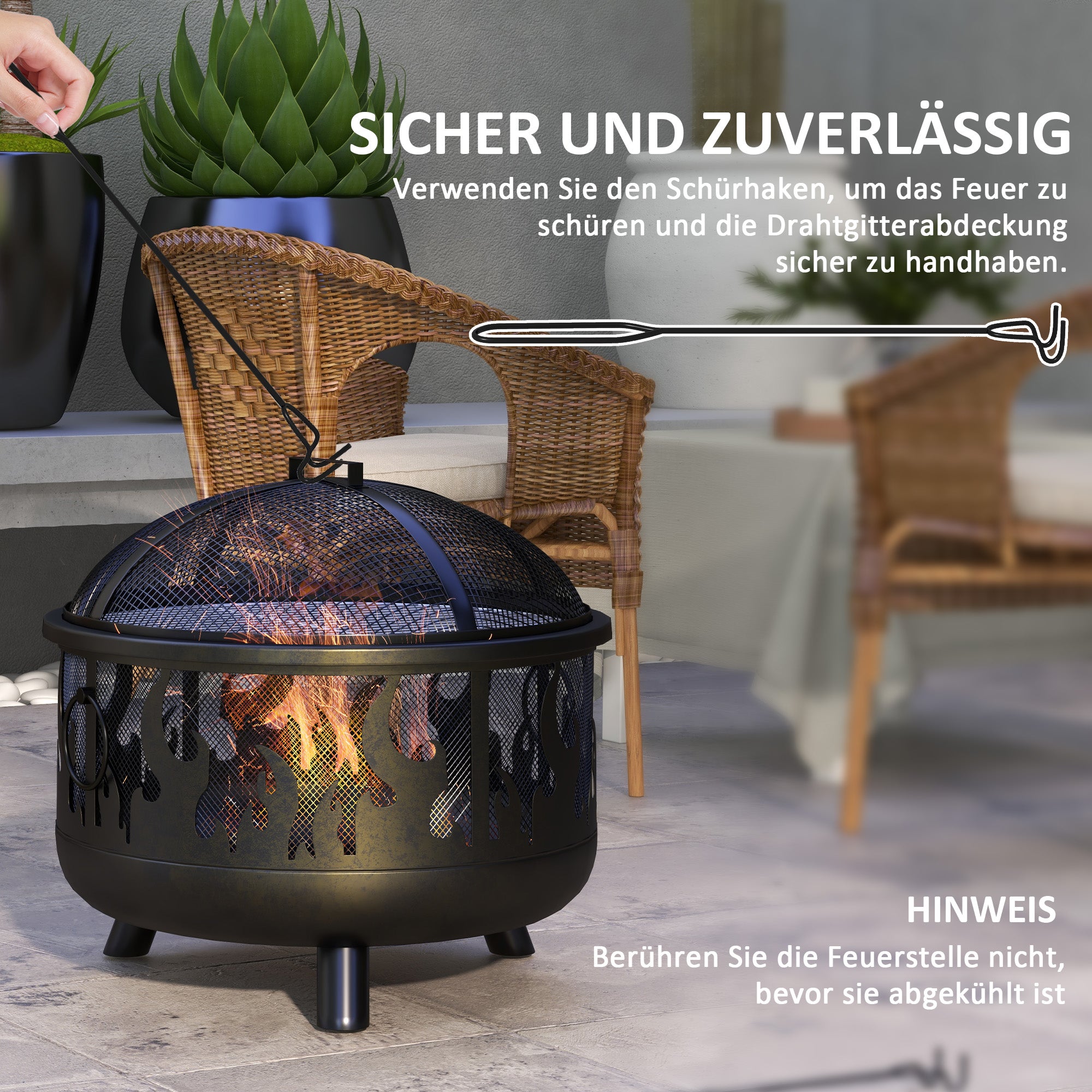 Outsunny Feuerschale Feuerstelle, inkl. Funkenschutz, 1 Schürhaken, Ø61,5 cm x 52 cm, Schwarz