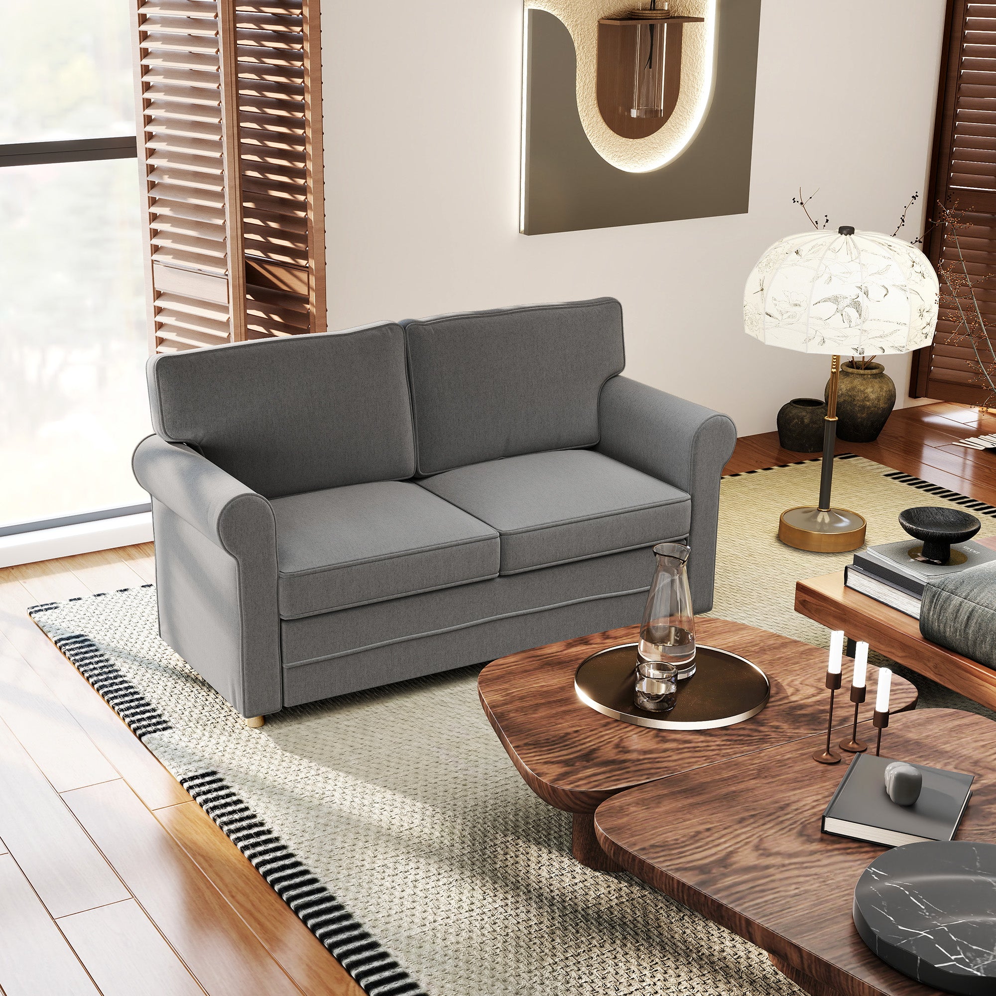 HOMCOM 2-Sitzer-Sofa, Kompakte Wohnzimmercouch, Stoff in Leinenoptik, weiche Sitzkissen, Stahlrahmen, Dunkelgrau