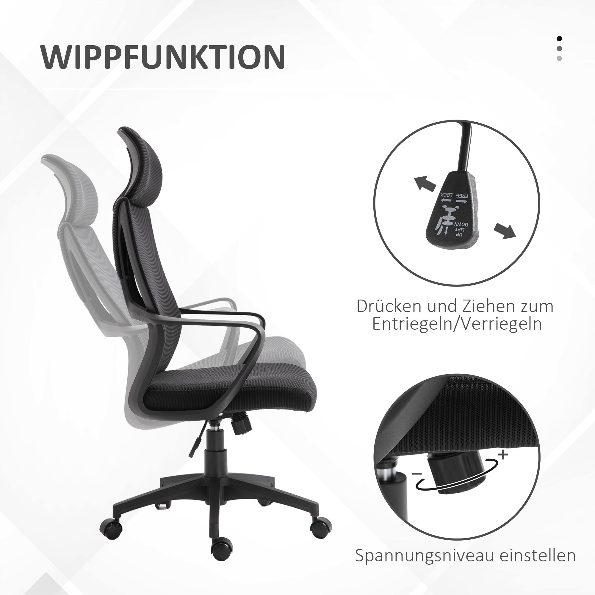 Vinsetto Bürostuhl, Schreibtischstuhl mit Wippfunktion Höhenverstellbarer mit Kopfstütze, Lendenstütze Schwarz