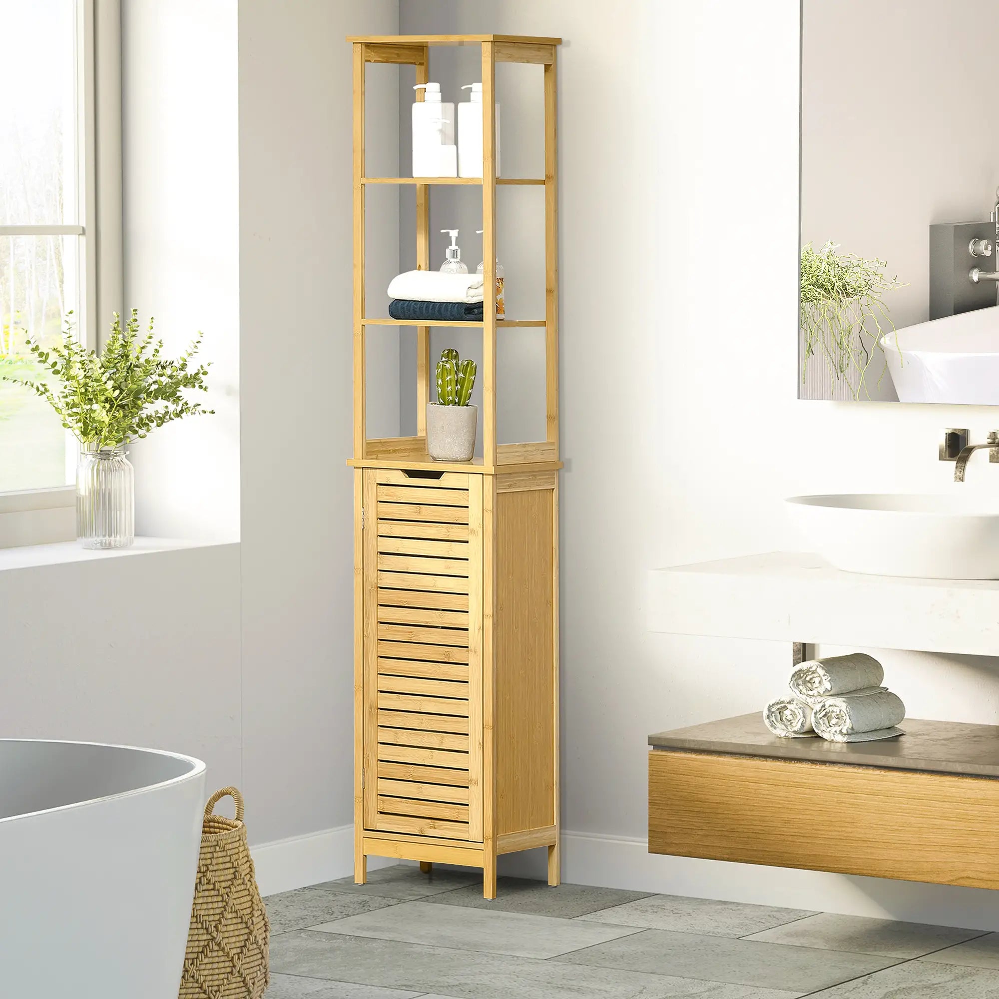 kleankin Badezimmerschrank Hochschrank viel Stauraum Lamellentür Bambus