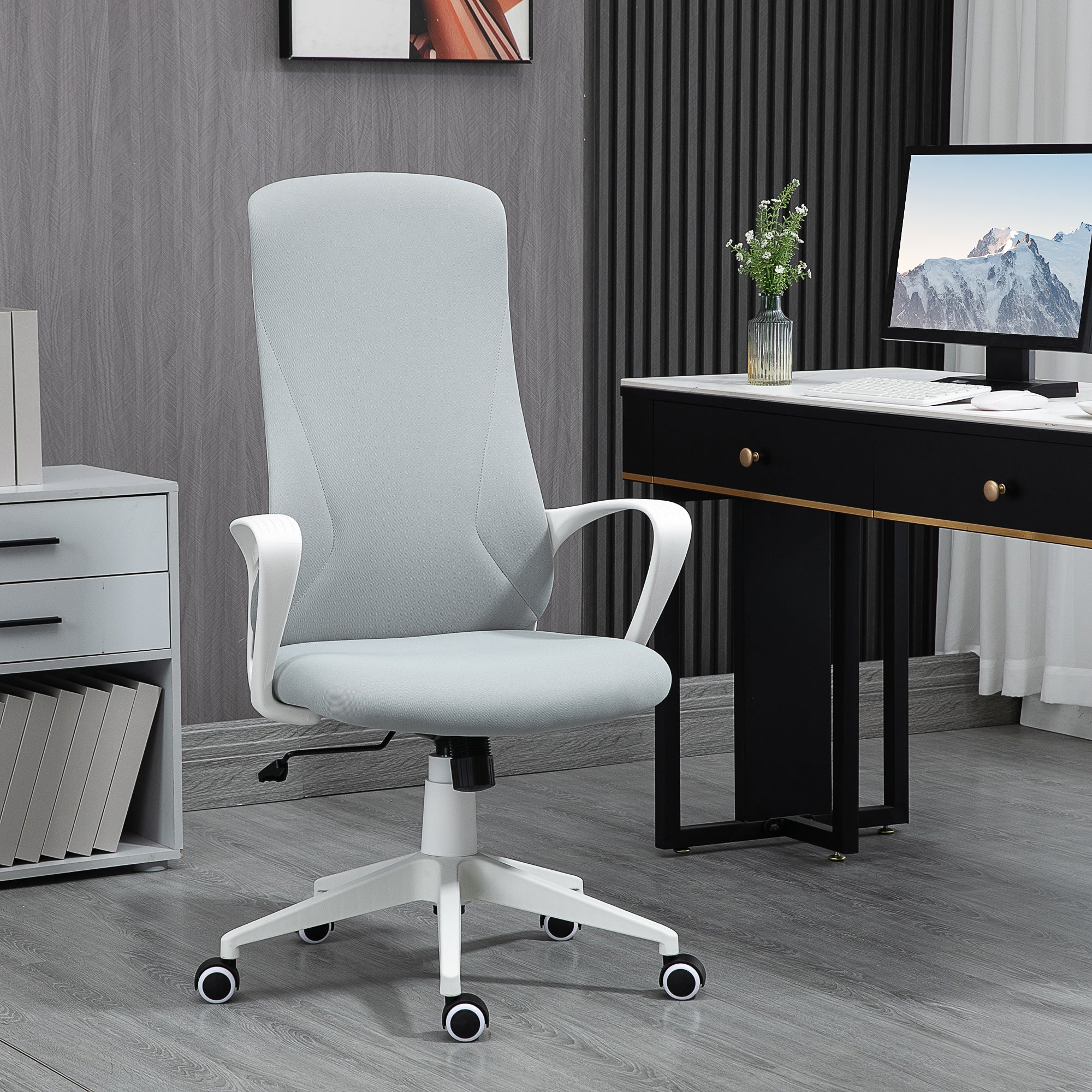 Vinsetto Bürostuhl mit Wippfunktion, Höhenverstellbar, bis 120 kg, Ergonomisch, Drehbar, 62x56x110-119,5cm, Hellgrau