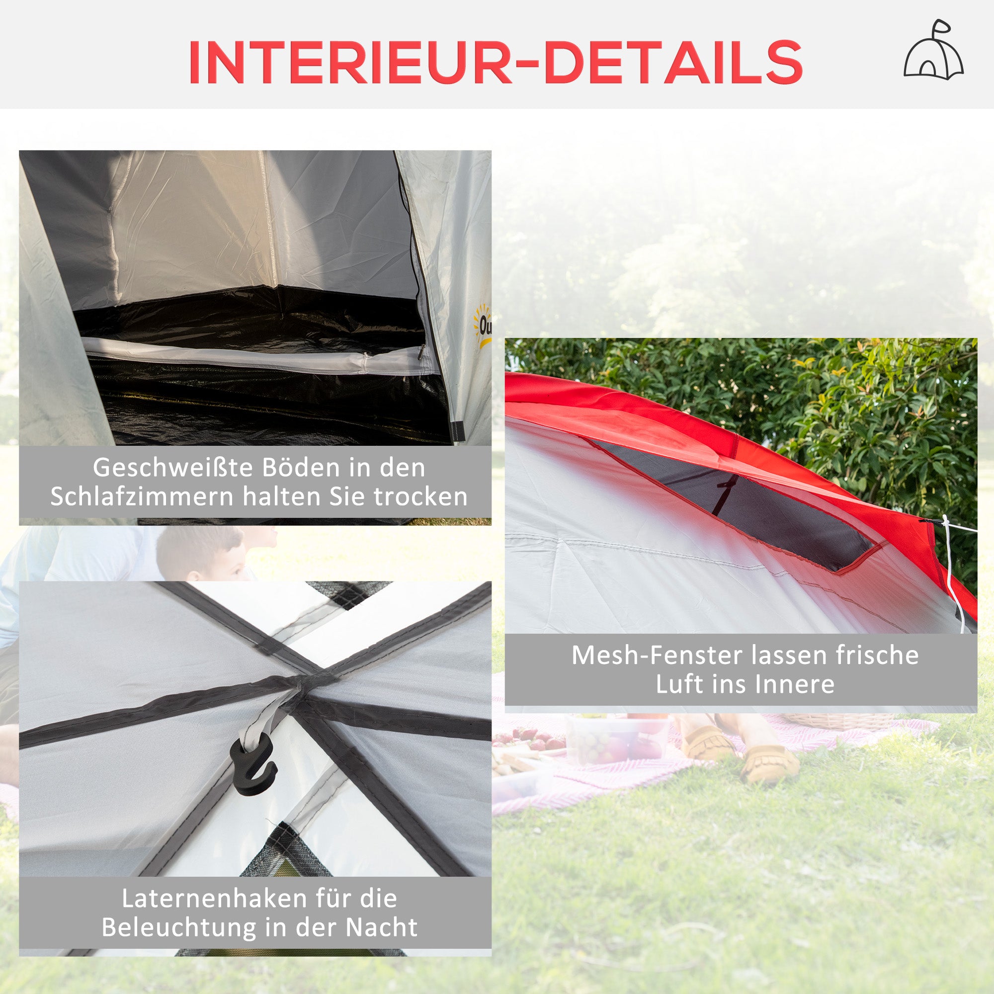 Outsunny Campingzelt, für 4 Personen, Vordach, 2 Schlafzimmer, Fenster, Zubehör, Grau