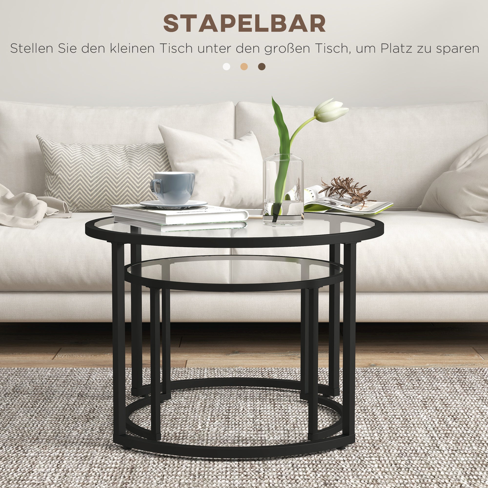 HOMCOM 2er-Set Beistelltische Couchtische Industrie-Design, Glastische, stapelbar, Schwarz + Transparent