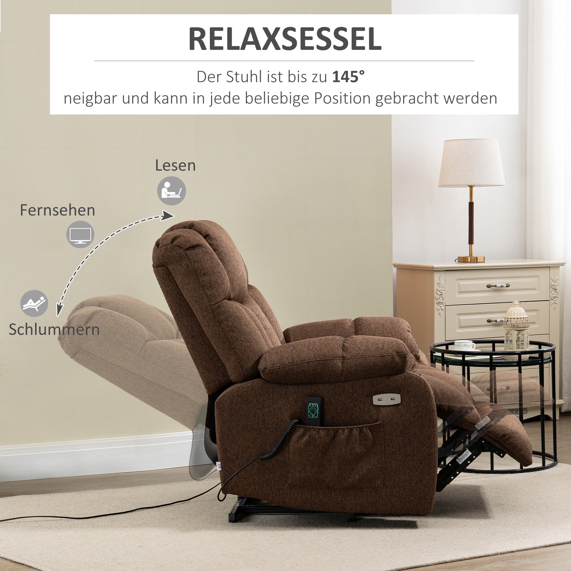 HOMCOM Aufstehsessel mit Liegefunktion und Fernbedienung 92 x 95 x 107 cm, Braun