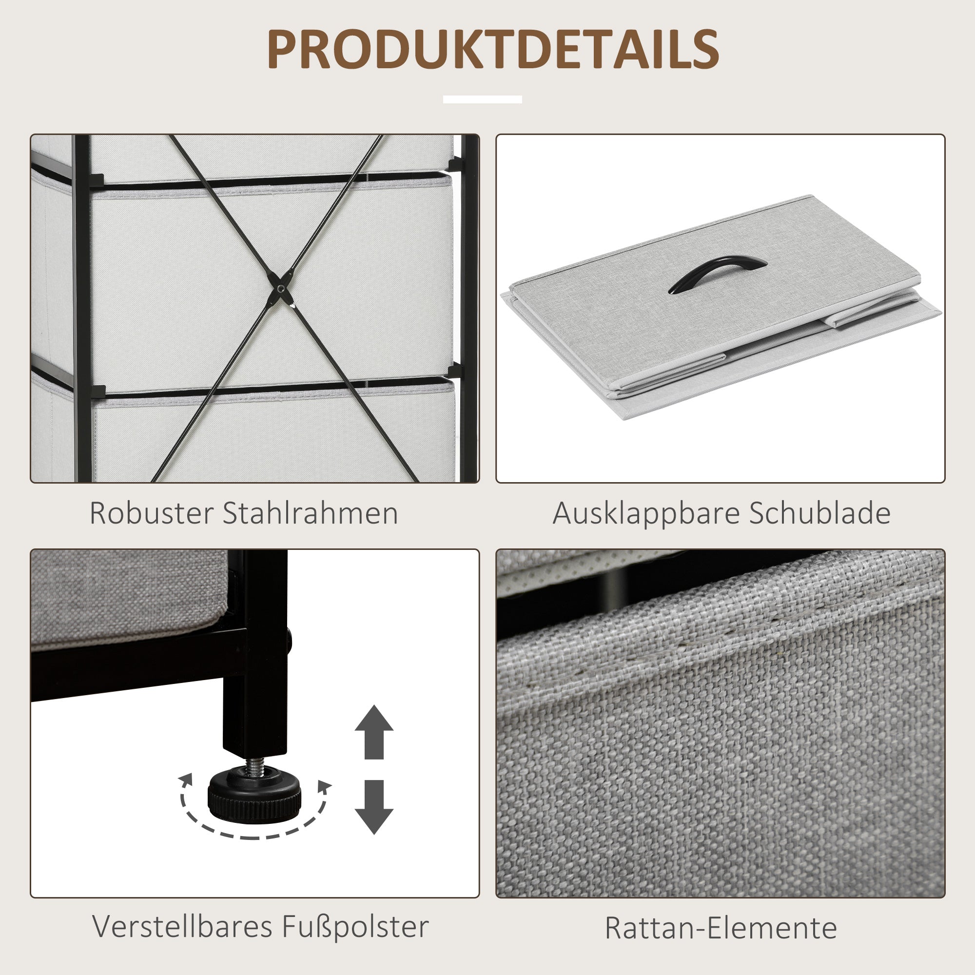HOMCOM Kommode mit 5 Schubladen aus Stoff Aufbewahrungsschrank mit Griffen 45 x 30 x 116 cm Grau