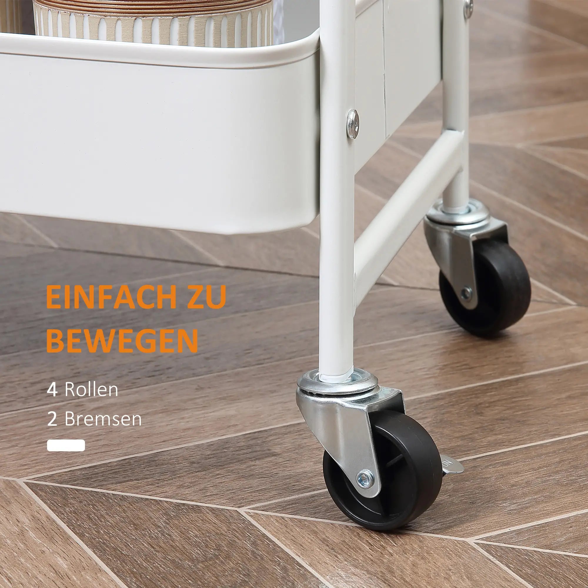 HOMCOM Servierwagen mit 3 Ebenen Küchenwagen mit Rollen Küchenregal mit Korb und Deckel Rollwagen Allzweckwagen für Küche Büro Badezimmer, Weiß