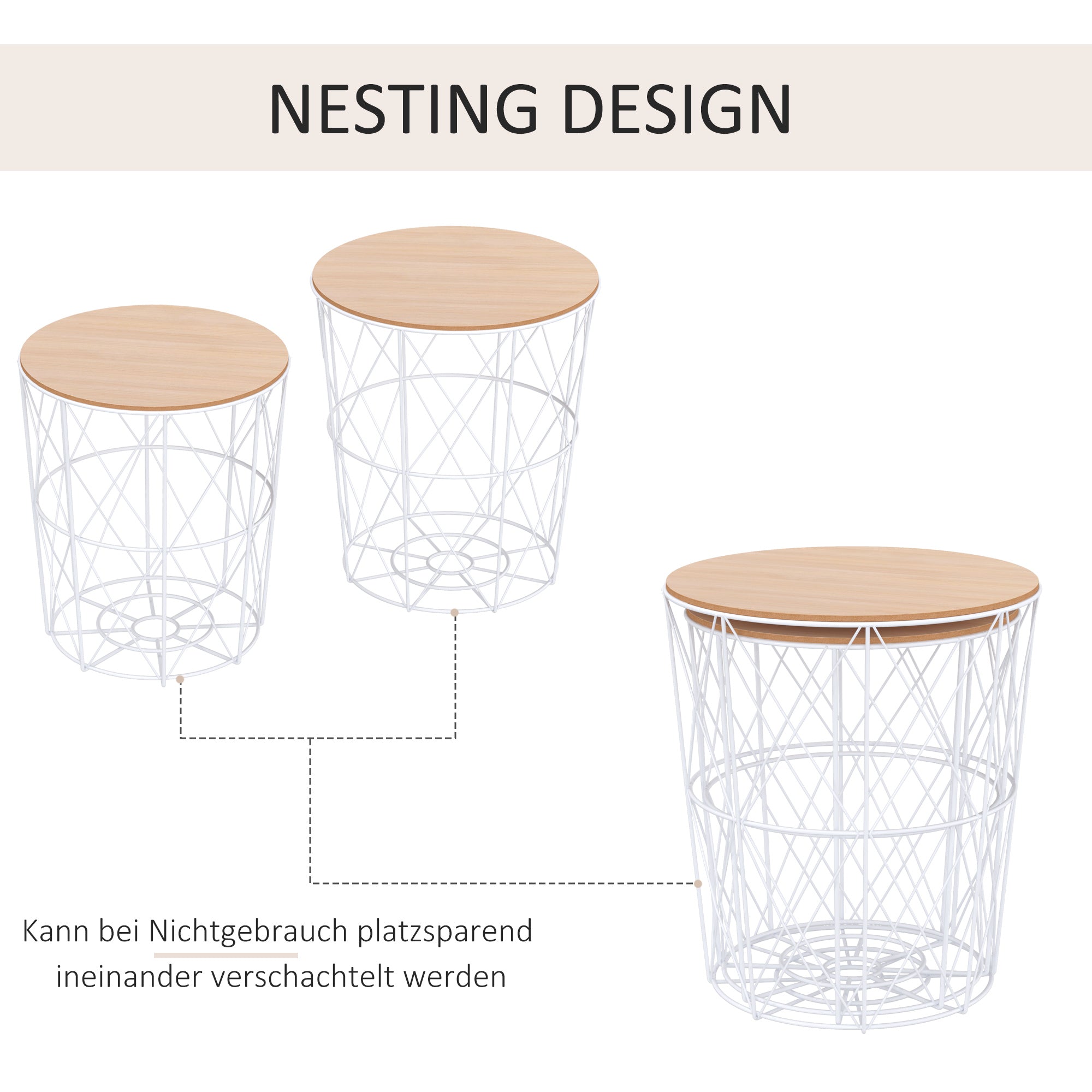 HOMCOM Couchtisch Rund 2er Set stapelbar Wohnzimmertisch Beistelltisch mit abnehmbaren Deckel Satztisch Kaffeetisch mit Metallgestell für Wohnzimmer Natur+Weiß