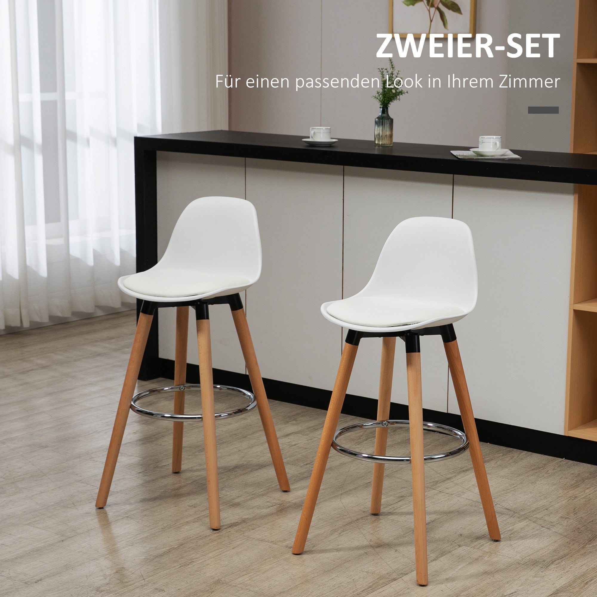 HOMCOM 2er-Set Barhocker Barstühle Skandi-Design, Fußtstütze, 38,5 cm x 42,5 cm x 91 cm, Natur + Weiß