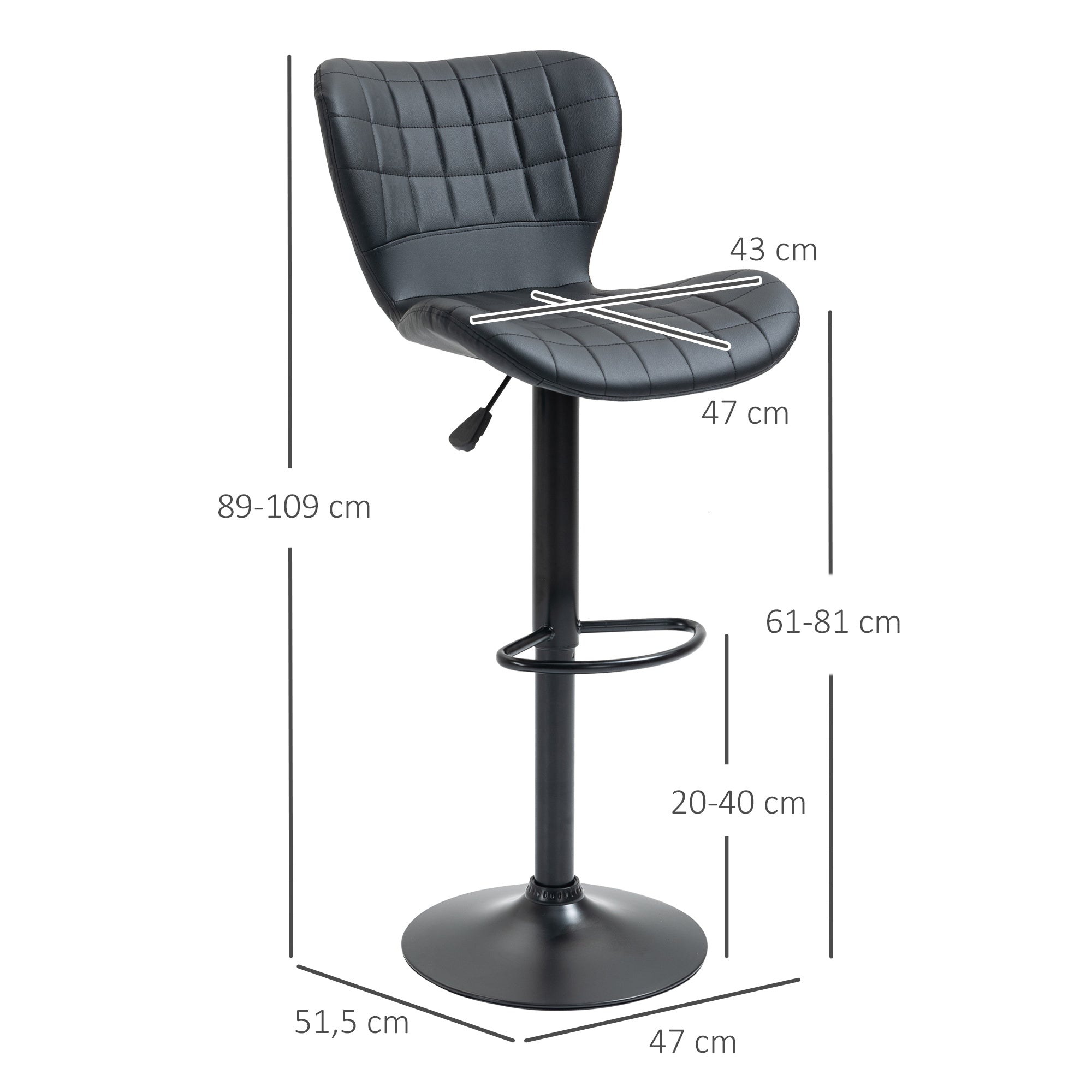 HOMCOM 2-er-Set Barhocker Retrodesign 47 cm x 51,5 cm x 89-109 cm Schwarz