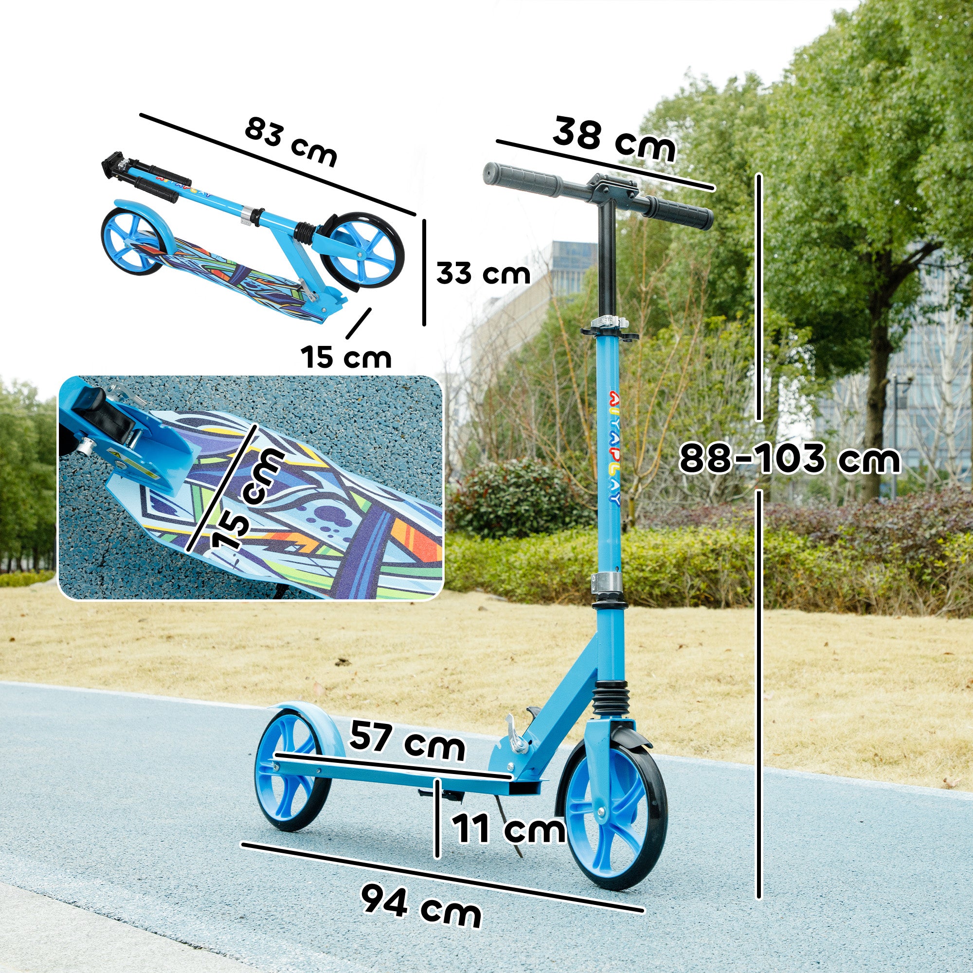 AIYAPLAY Tretroller, höhenverstellbar, Hinterradbremse, faltbar, 100 kg belastbar, Blau