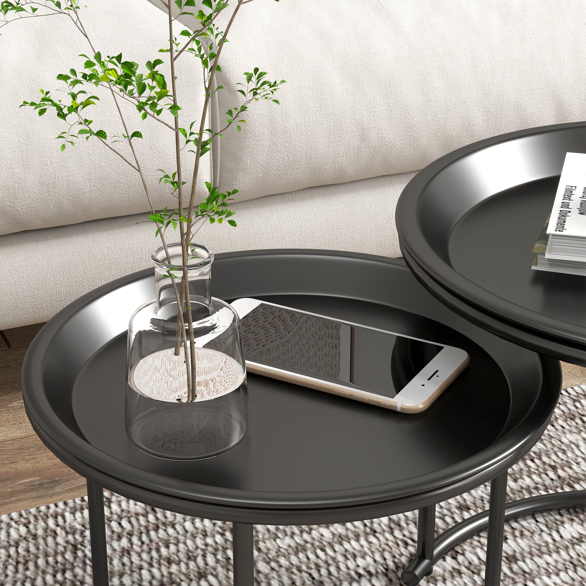 HOMCOM 2er-Set Beistelltische aus Metall, ineinander verschiebbar, Tischplatten als Tabletts verwendbar, Schwarz