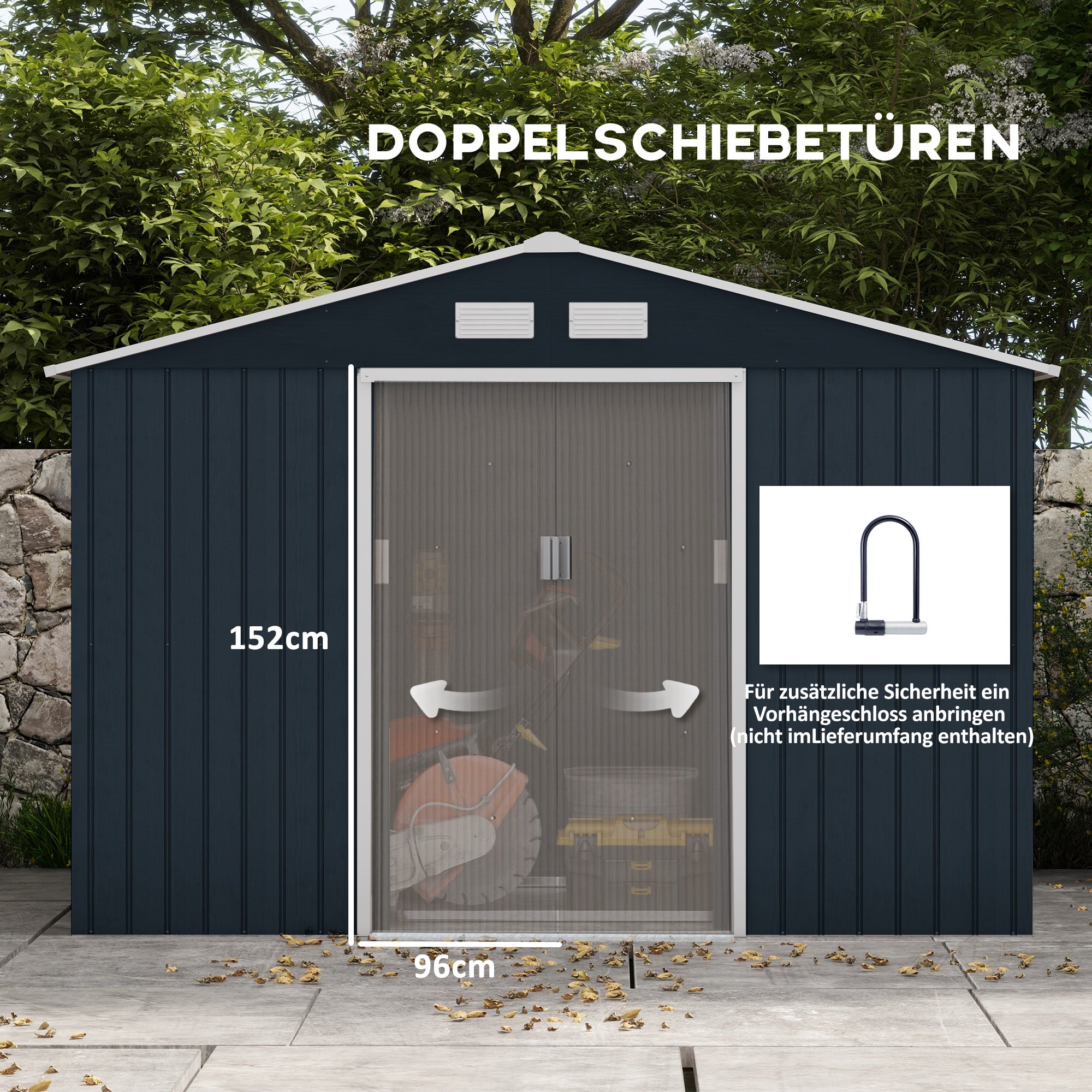 Outsunny Geräteschuppen mit Schiebetüren 2,77 x 1,95 x 1,92 m Metall Kohlegrau