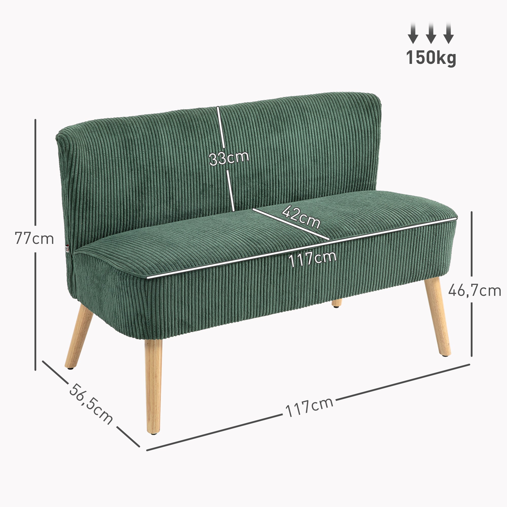 HOMCOM 2-Sitzer Polstersofa, Holz, Samtartiges Polyester, Schaumstoff, 117 x 56,5 x 77 cm, Grün