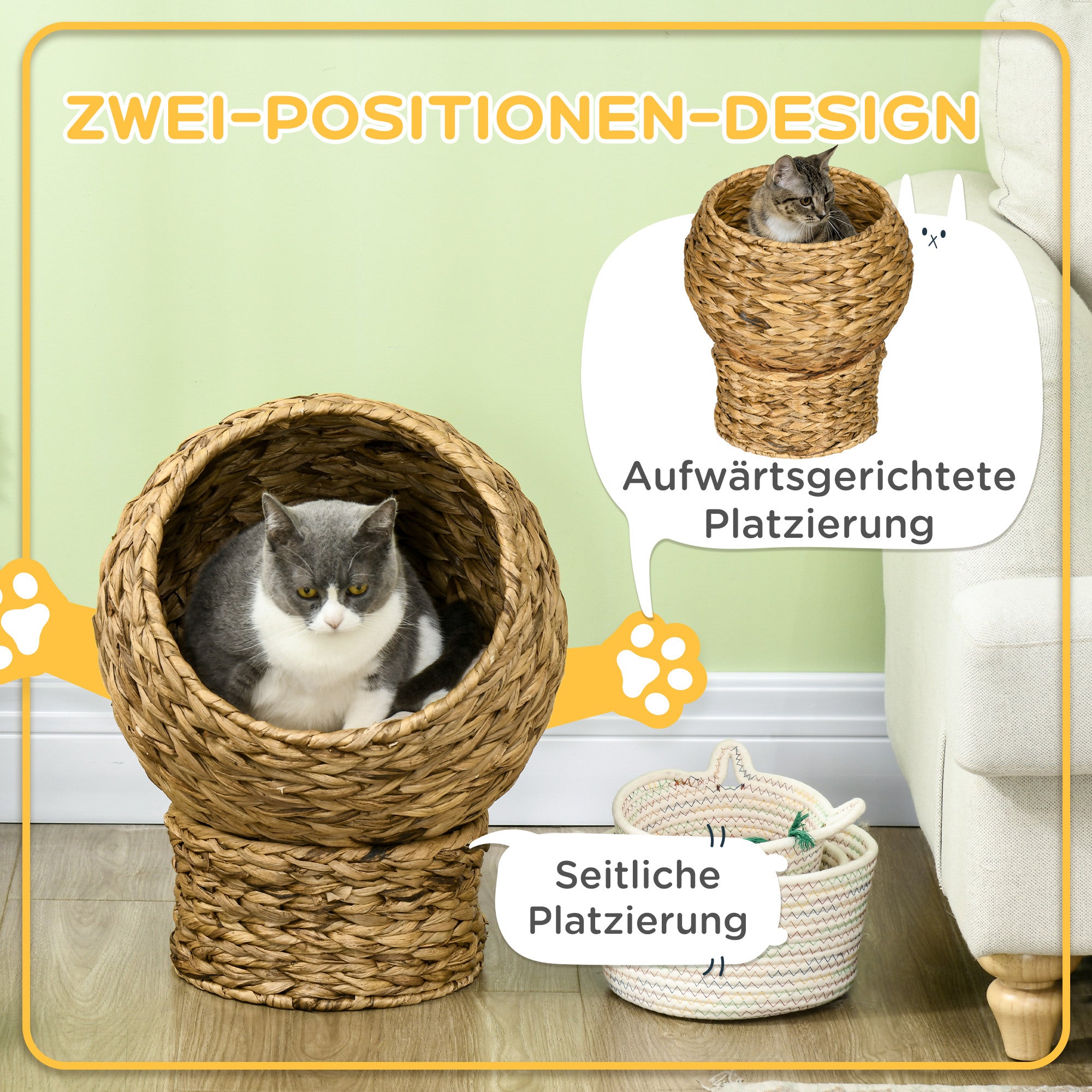 PawHut Rattan Katzenkorb Katzenhöhle Katzenhütte Katzenbett mit Kissen Haustierbett Wasserhyazinthe Braun 42 x 33 x 52 cm