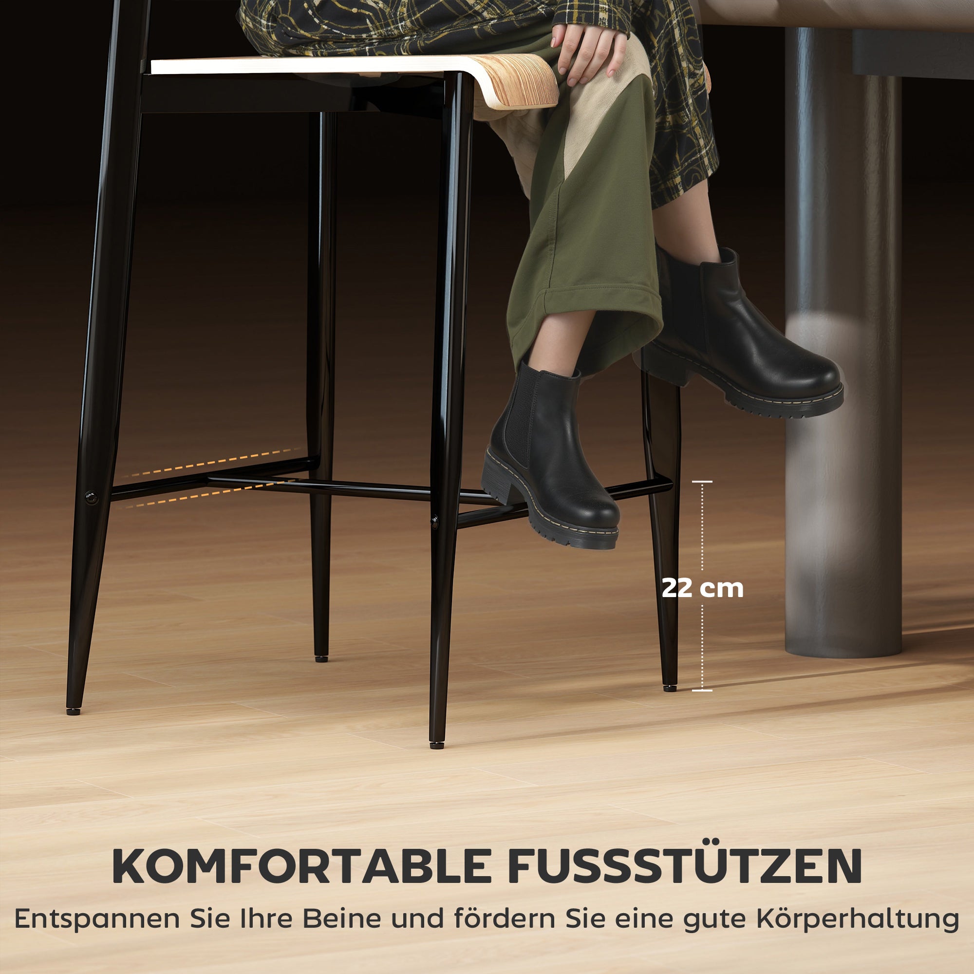 HOMCOM 2er-Set Barhocker, Barstühle mit Rückenlehne und Metallgestell, Holz, Hellbraun