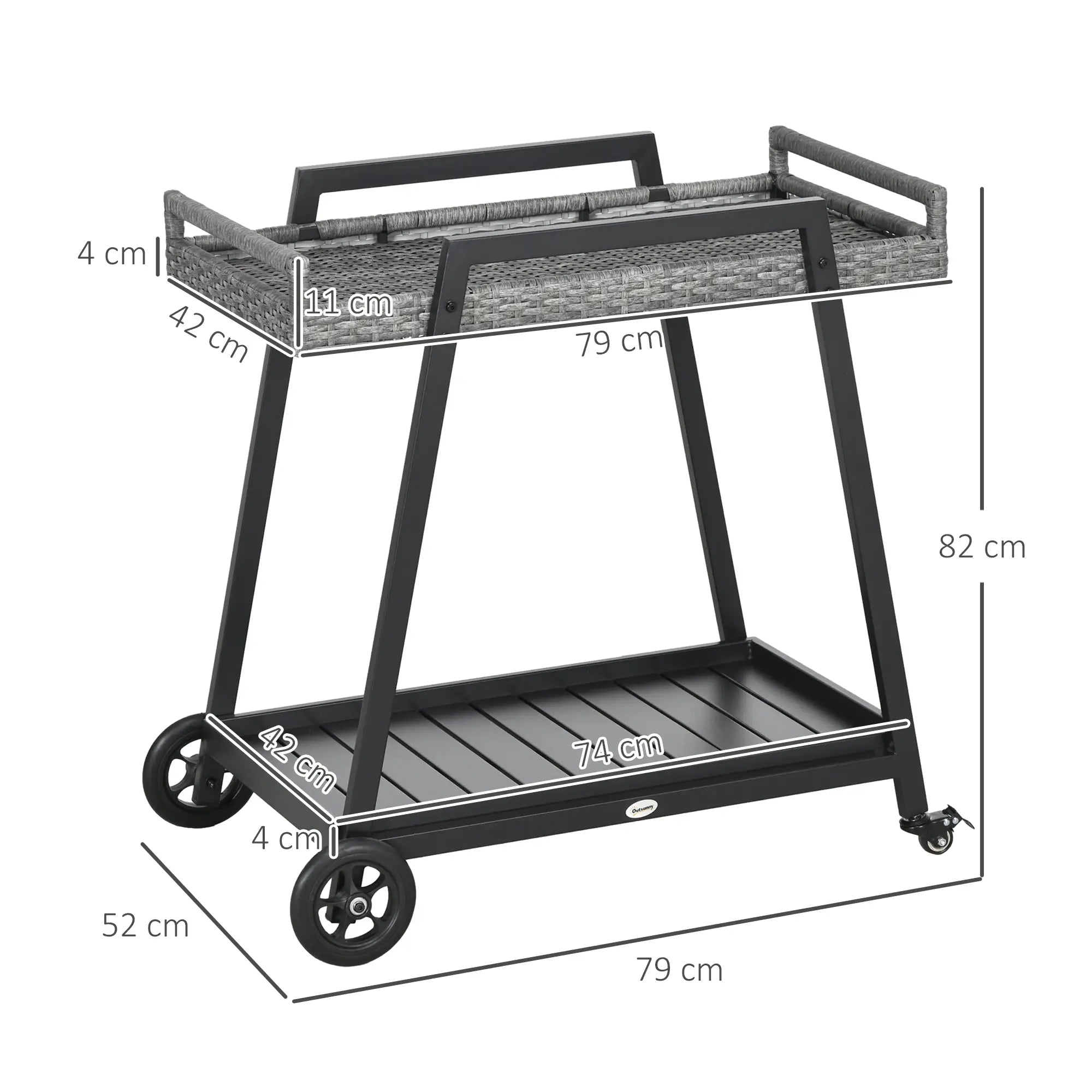 Outsunny Servierwagen Rattan mit Rollen 2 Etagen Griffe