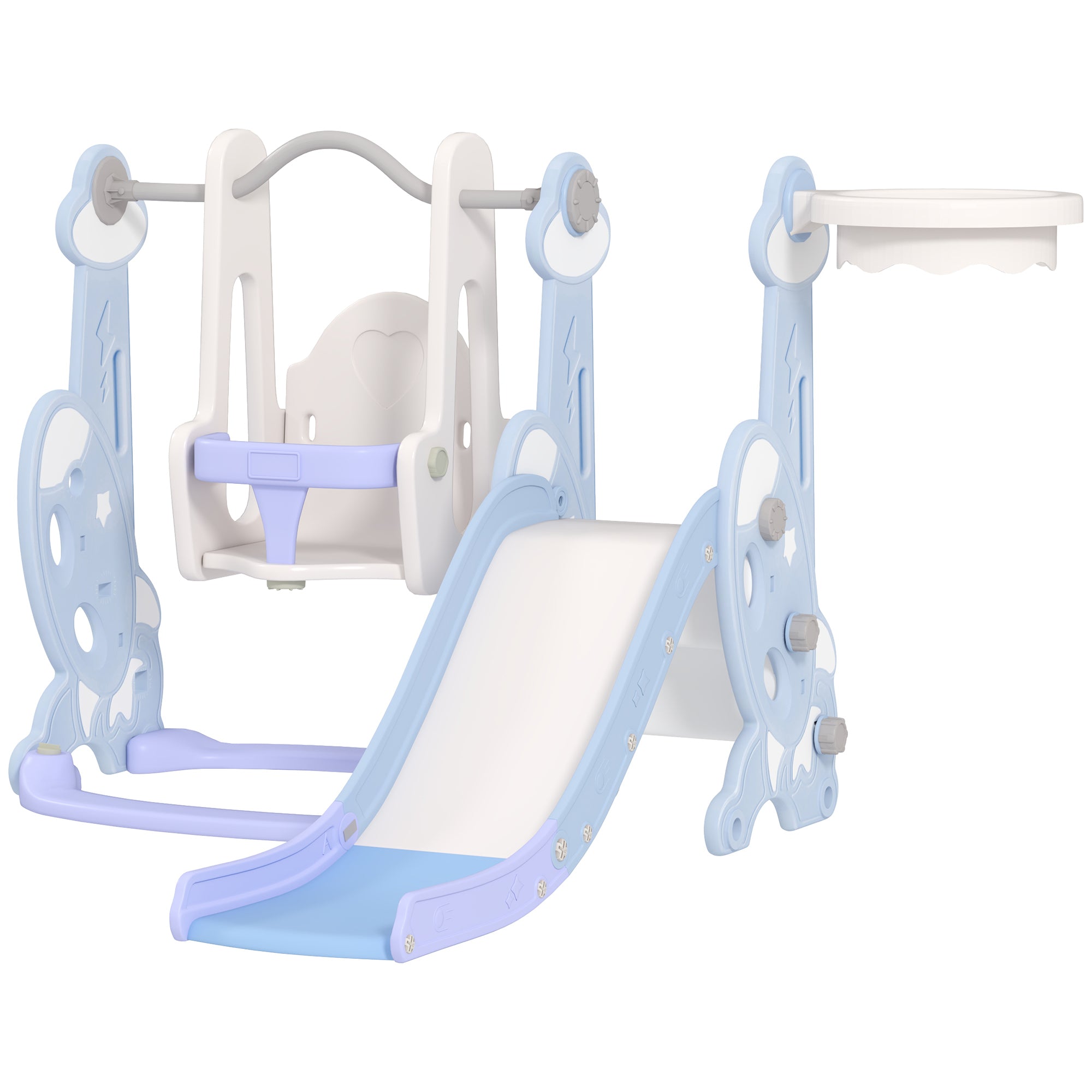 AIYAPLAY 4-in-1 Indoor-Spielplatz, Rutsch- und Schaukelset für Kleinkinder, Basketballkorb, Raketendesign, Kunststoff, Hellblau